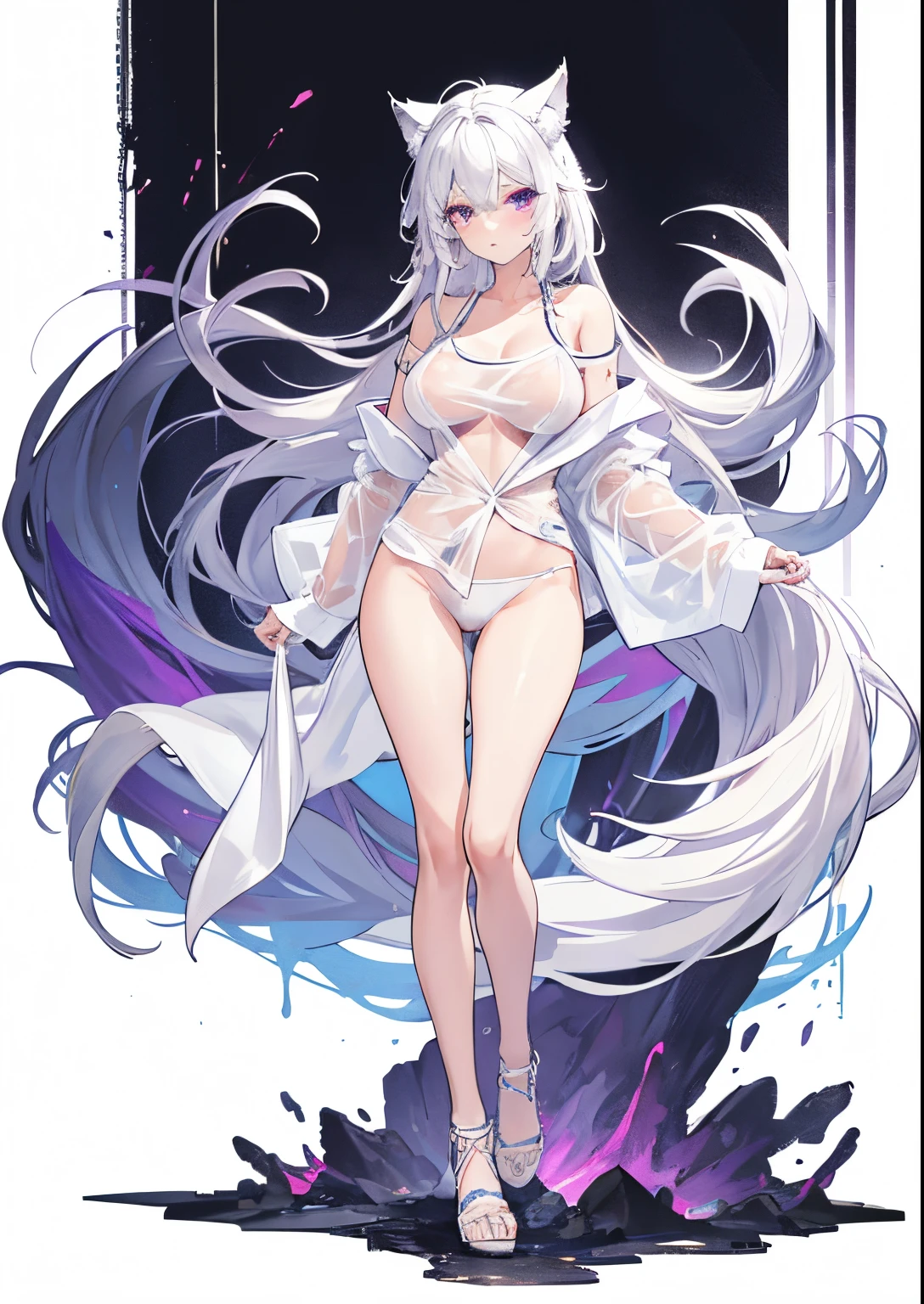 masterpiece, best quality, high contrast, masterpiece, best quality, high quality, perfect anatomi, 1girl, mature female, large breast, white color hair, purple eyes, messy hair, long hair, wolf ears, wolf tail, white shirt, TS, see-through shirt, white shirt, white bra, open shirt, white panties, bare shoulders, high heel, full body, character sheet, white background, standing, nude,