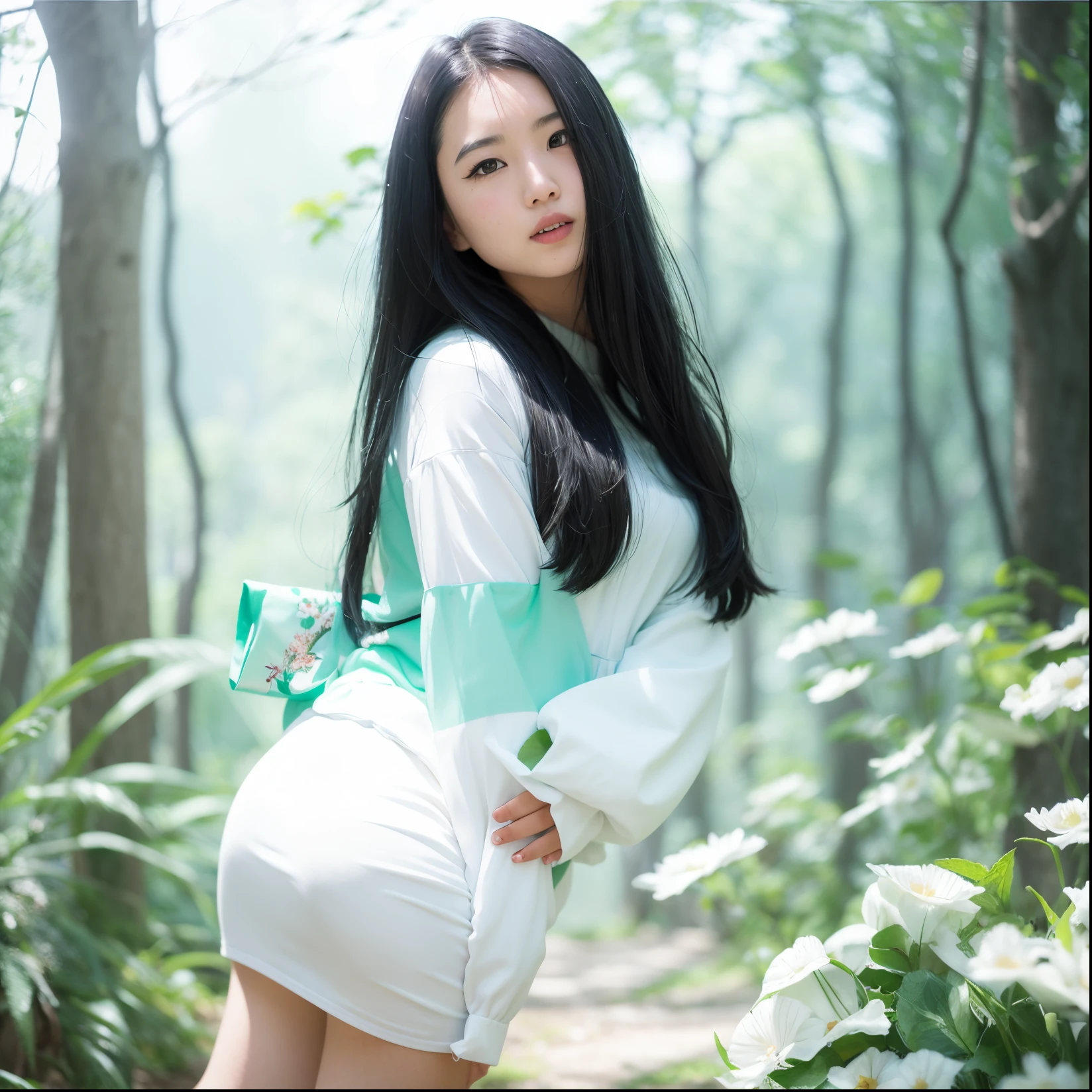 Asian girl,black hairs, white dress,Sky blue and mint background