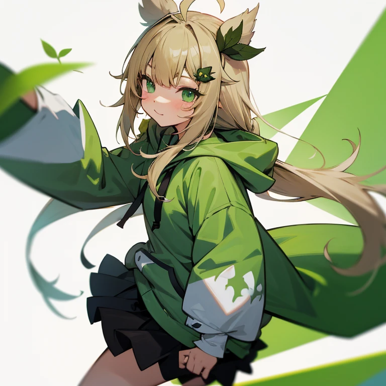 Blonde twin-tailed girl, leaf hair accessories, Green hoodie, Green eyes, Ahoge、Two-dimensional girl、Vtuber、White haori