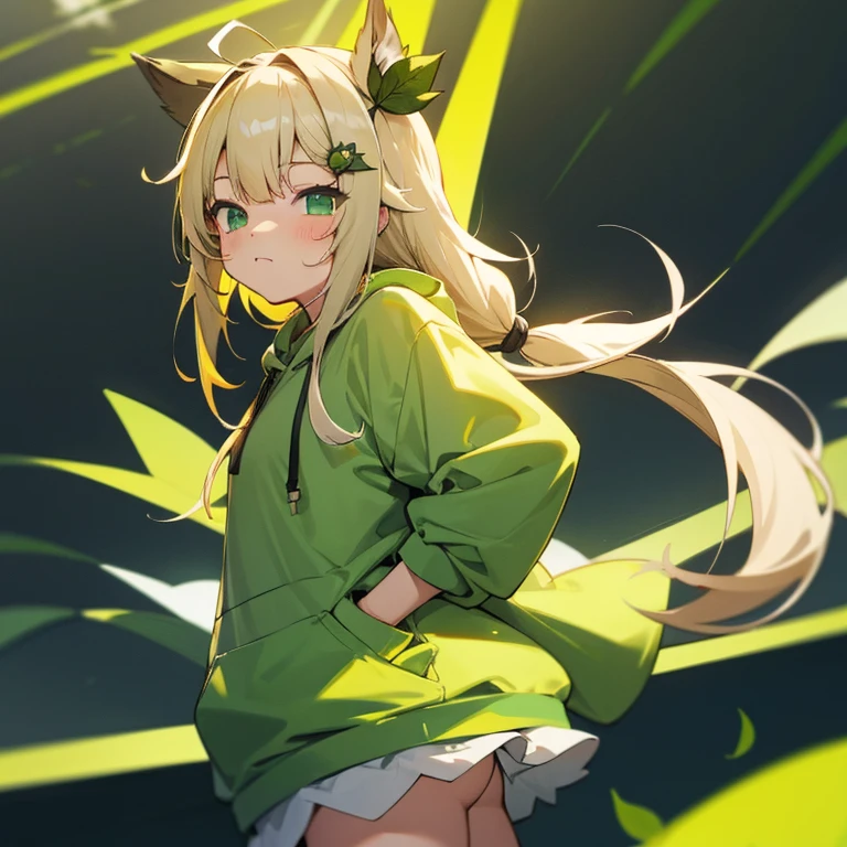 Blonde twin-tailed girl, leaf hair accessories, Green hoodie, Green eyes, Ahoge、Two-dimensional girl、Vtuber、White haori