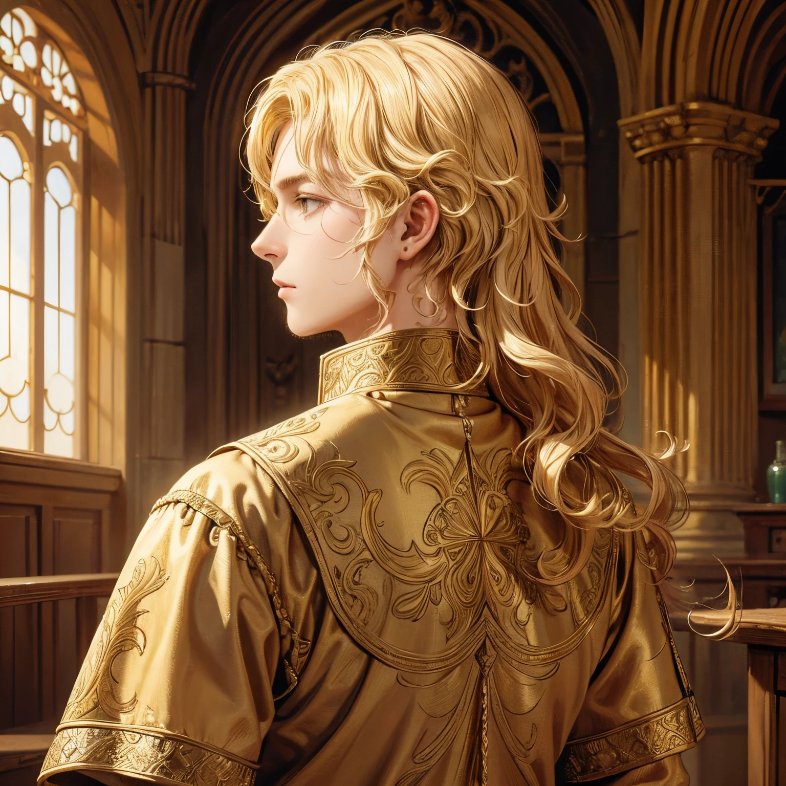 Man in profile portrait with blond curly hair in golden medieval clothes high quality masterpiece no background