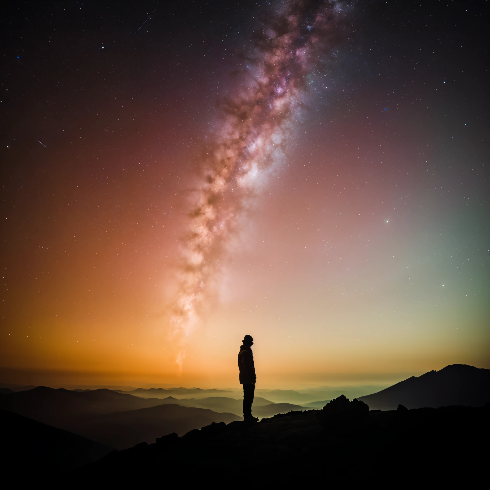 Standing alone on the mountain watching the stars, looking out into the cosmos, Lost in endless space, Mikko Lagerstedt, sitting on the cosmic cloudscape, look at sky, Colorful night sky, in the cosmos, night sky photography, Look at the stars, The background is the endless universe