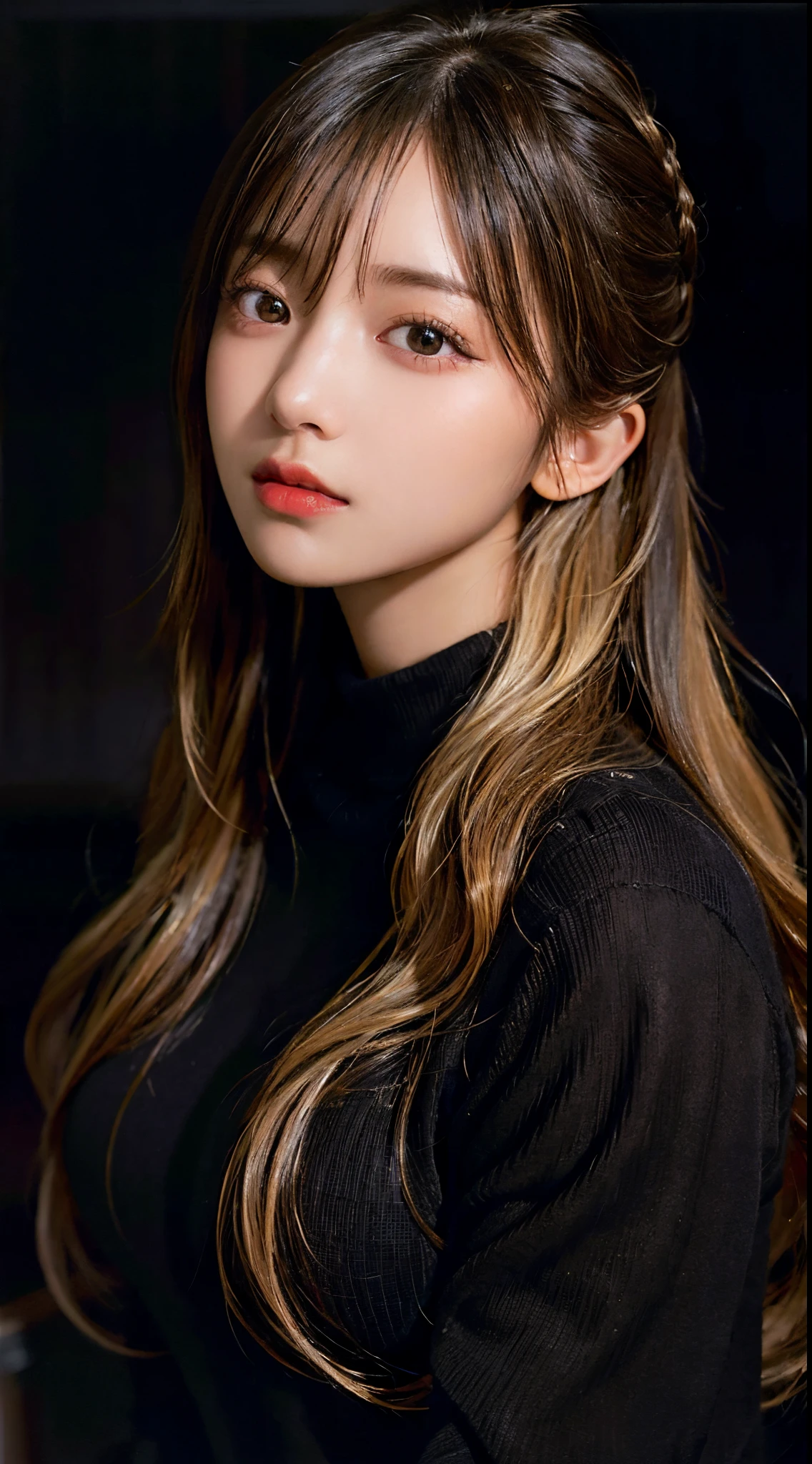 Best quality, masterpiece, ultra high res, (photorealistic:1.4), raw photo, 1girl, long hair, gold hair, detailed eyes and face, black sweater, dynamic lighting, in the dark, deep shadow, low key, cowboy shot