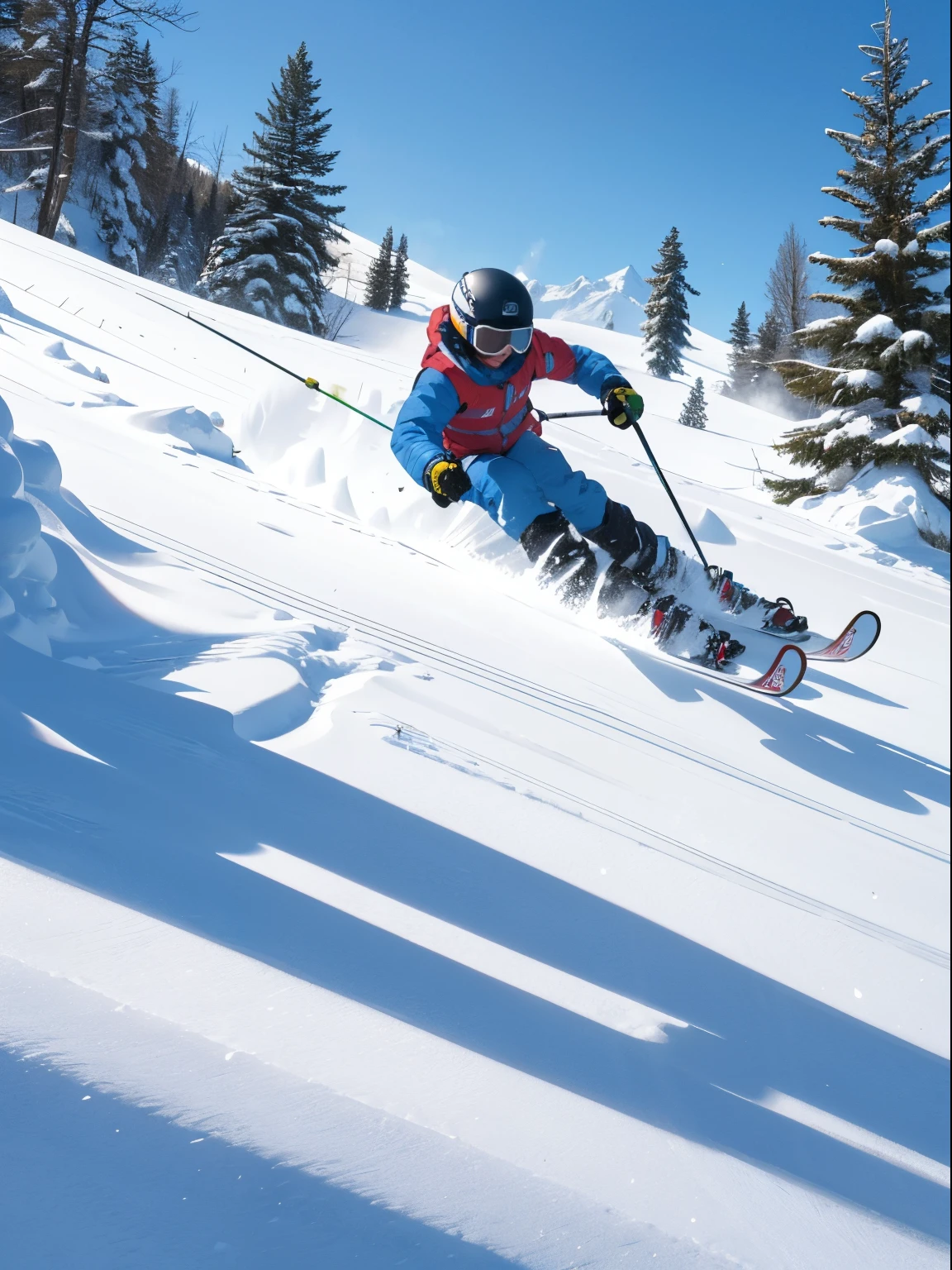 (best quality,4k,8k,highres,masterpiece:1.2),ultra-detailed,realistic,illustration,child skiing,high mountain,trees,snowy landscape,vibrant colors,dynamic action,adventure,excitement,joy,thrilling moment,smooth lines,texture,striking visuals,aerial perspective,whimsical atmosphere,motion,fun,sunlit slopes,blue sky,windy,fast-paced,exhilaration,ski equipment,freedom,adrenaline rush,skiing technique,extreme sports,action shot,wide angle view,snowflakes,childhood memories,winter wonderland,happiness,majestic scenery,illustrated ski tracks,playful,curves and jumps,natural beauty,gravity-defying,uphill climb,steep descent,winter sports.