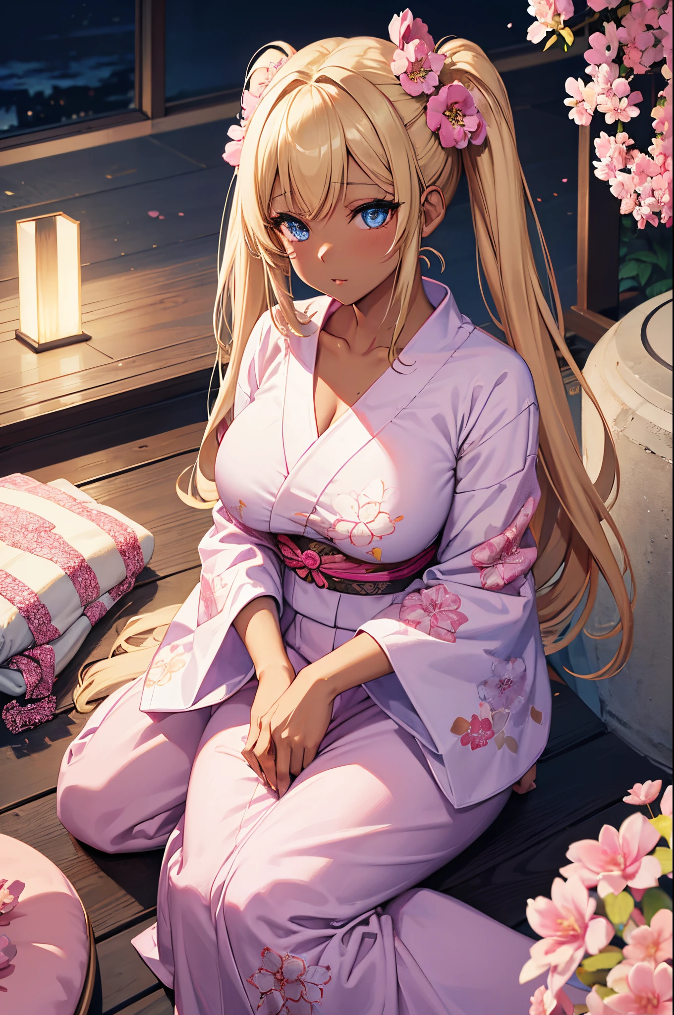 Female Gyaru, Twintail Blonde hair, Blue eyes, dark brown skin, large breasts, wearing a white and pink yukata with floral accents