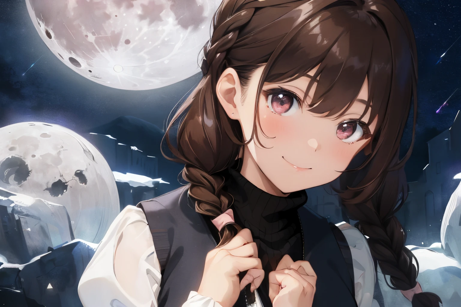 ((Midnight Dark Room)),(atlibrary),((The moon and stars are shining)),((Brown hair)),((Braided shorthair)),((With bangs)),((Brown eyes)),Slight red tide,(A sly smile),(Kamimei),((close up of face)),(Long sleeves with puff sleeves),((Corset-style vest with plenty of strings)),(Wearing a vest puts pressure on your chest.),((turtleneck inner sheer material)),(white, Pink, Black and gray)