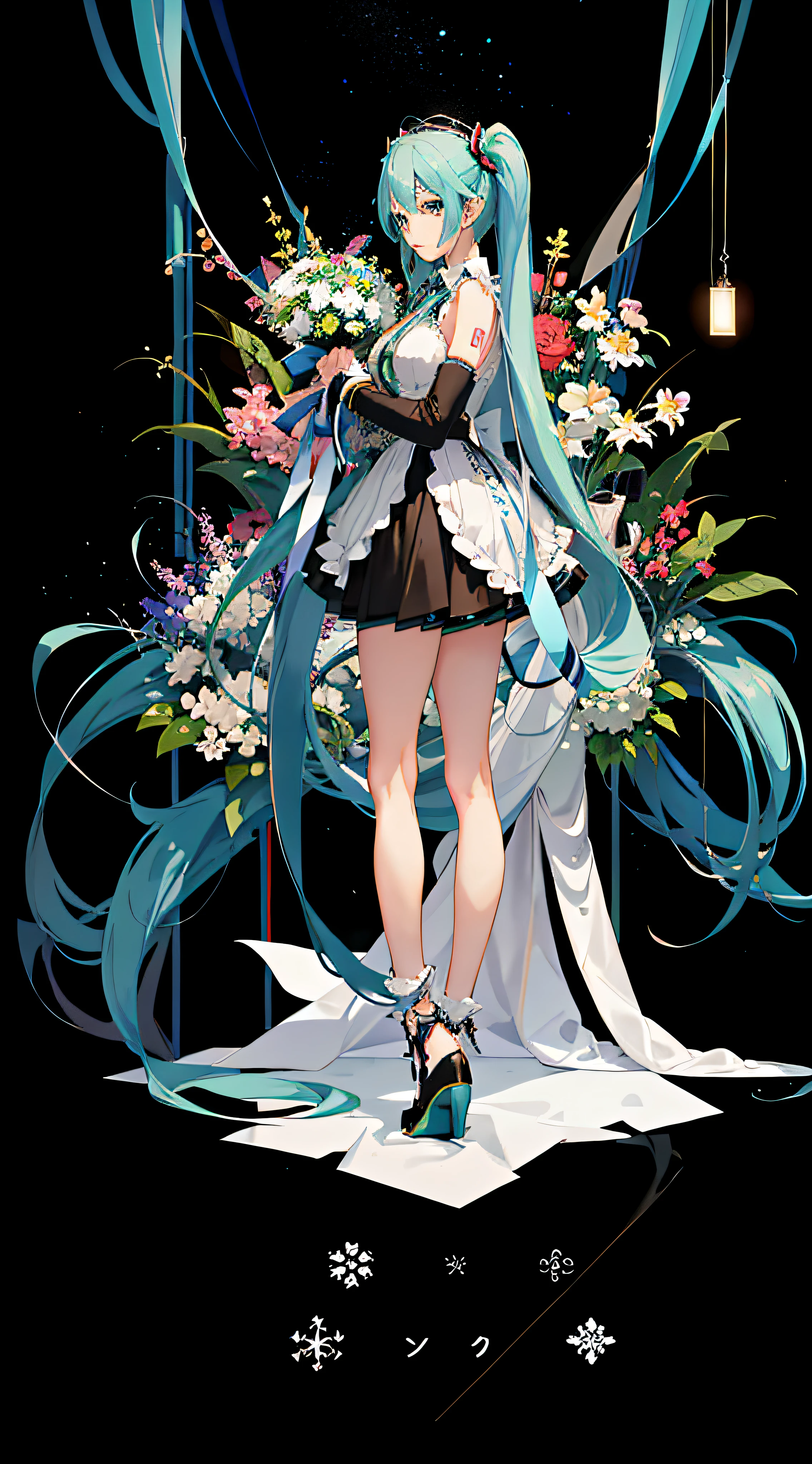 Anime character with long blue hair standing in front of flower arrangement, Hatsune Miku big tits, song, mirai, Portrait of Hatsune Miku, nightcore, Pixiv Contest Winner, Digital art on Pixiv, pixiv, pixiv daily ranking, Popular topics on pixiv, Pixiv trends, hatsune miku portrait, mikudayo, Pixiv style