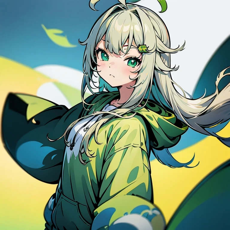 Blonde twin-tailed girl, leaf hair accessories, Green hoodie, Green eyes, Ahoge、Two-dimensional girl、Vtuber、White haori