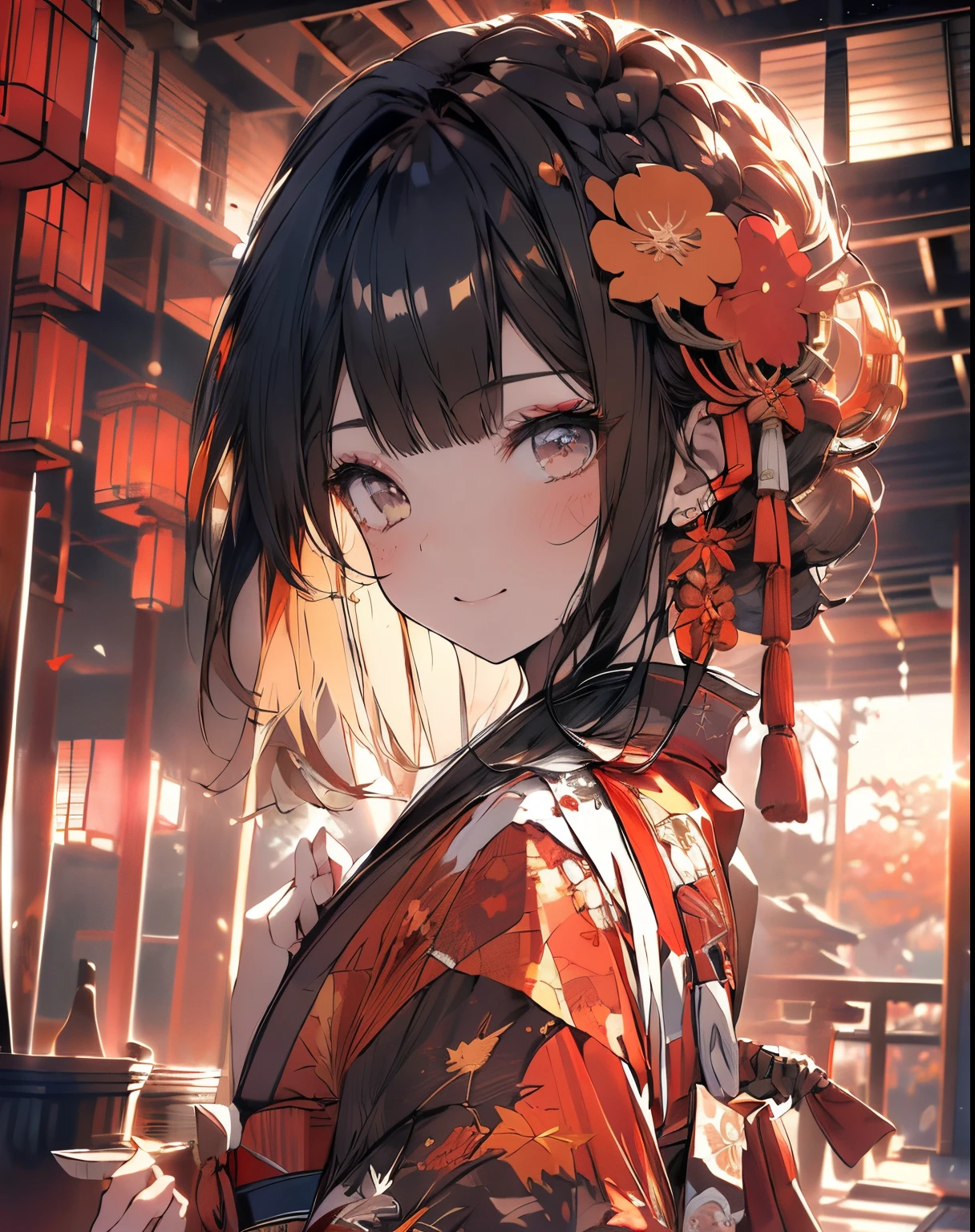 ((​masterpiece,hight resolution,8K picture quality,top-quality)),1girl in,((extra detailed face)),femele,Delicate eyes,Madder eyes,((hairstyle on:Straight Long,A dark-haired,Hair that hits the light is dark red)),red classical pattern ribbon,Dark orange classic pattern kimono,Modern taste,Taisho,Dramatic makeup,Smile gently,Natural complexion,Brown leather southern pattern collar,sun light,sunset,((autumnal,Colored leaves,You can see the sunset from the veranda,Japanese garden,traditional Japanese room,evening glow,Watching the sunset from the porch)),