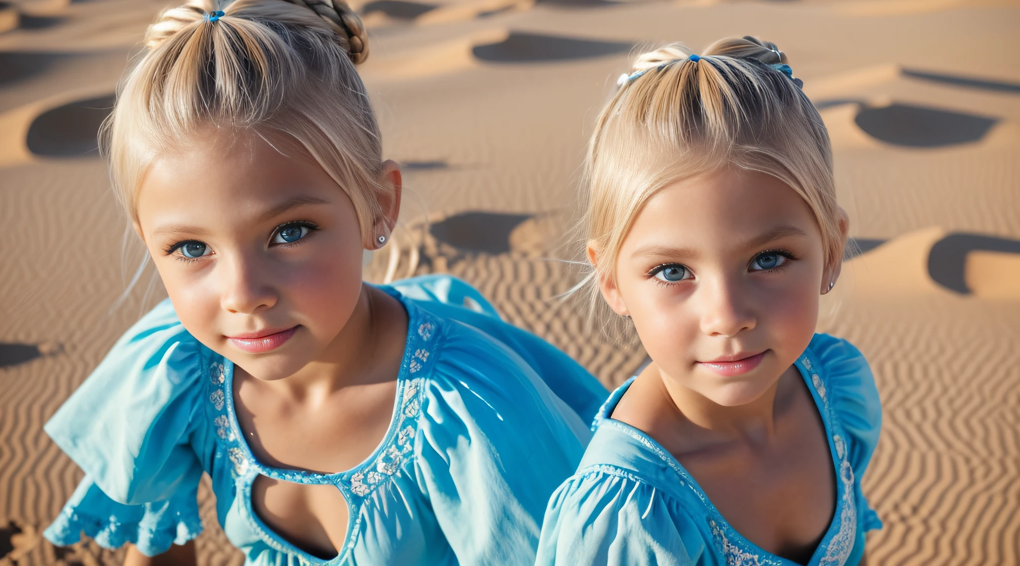 em frente a uma luz azul, beautiful girl RUSSIAN CHILD BLONDE HAIR hairbun, olhos brilhantes, olhos perfeitos, 10 anos. numa superficie Deserto E AREIA, com roupas arabescas.