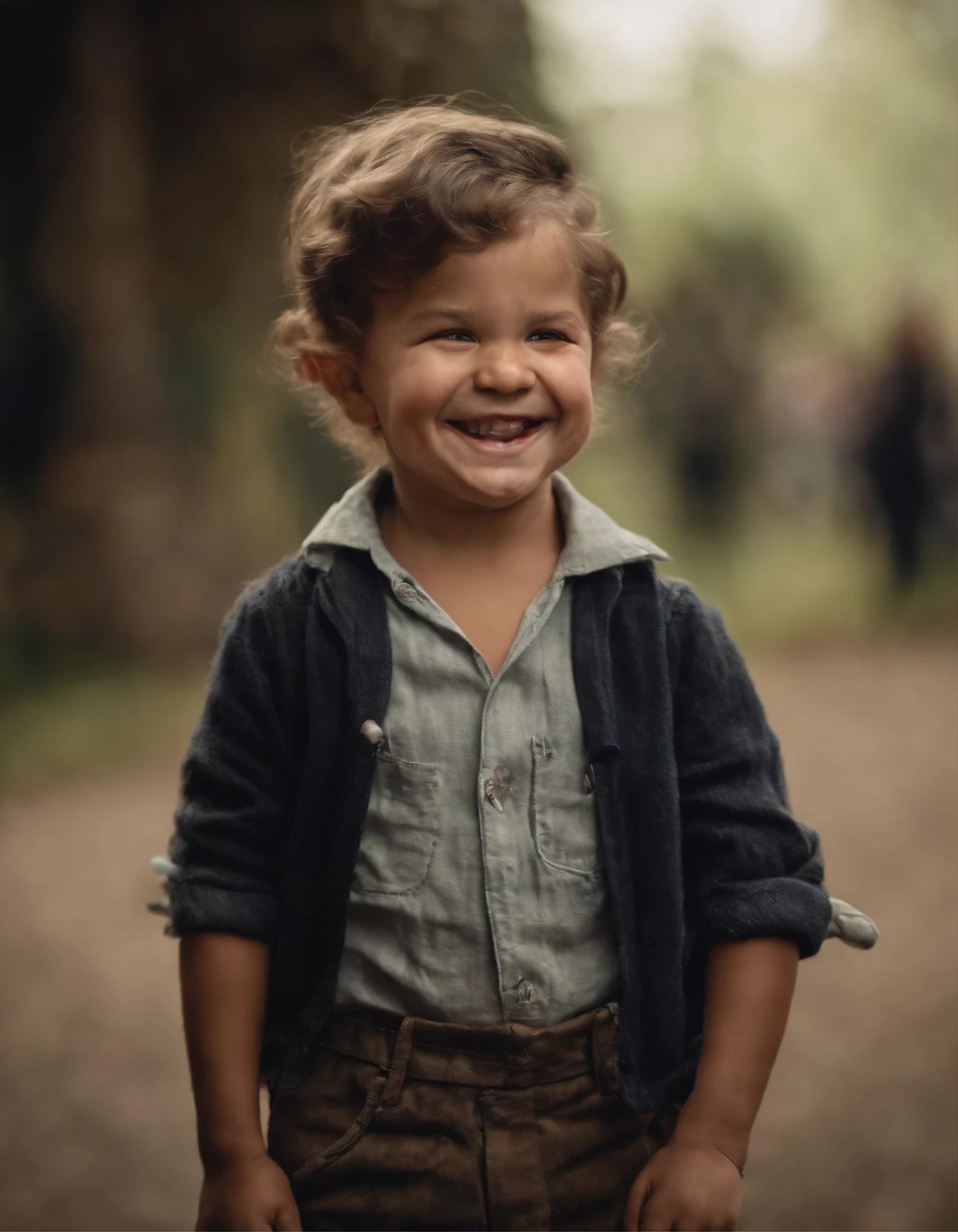 Laughing  gipsy boy with a very enthusiastic expression, in the style of Frances Brundage