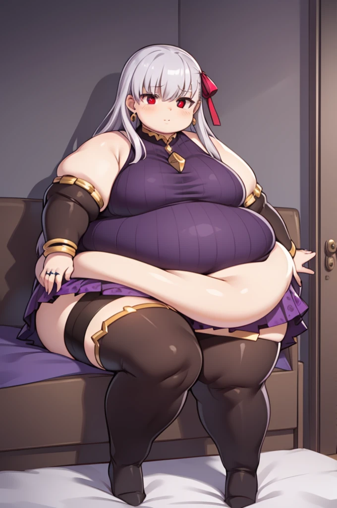 obese fgokama, kama, hair ribbon, (red eyes:1.5), red ribbon, ribbon, long hair, white hair,
BREAK armlet, bare shoulders, bikini armor, fat arms, fat butt, bracelet, collar, detached sleeves, dress, earrings, floral print, jewelry, metal collar, miniskirt, pelvic curtain, purple dress, purple skirt, purple sleeves, purple thighhighs, ring, skirt, thighhighs, thickthighs, thighlet,
BREAK looking at viewer,
BREAK indoors, bed
BREAK (masterpiece:1.2), best quality, high resolution, unity 8k wallpaper, (illustration:0.8), (beautiful detailed eyes:1.6), extremely detailed face, perfect lighting, extremely detailed CG, (perfect hands, perfect anatomy),