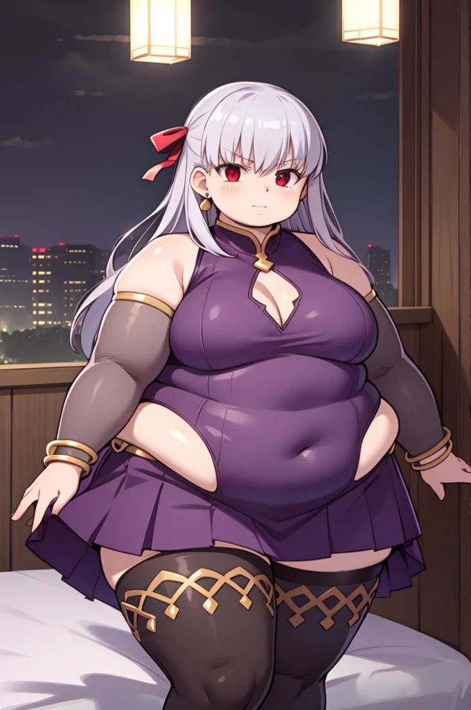 obese fgokama, kama, hair ribbon, (red eyes:1.5), red ribbon, ribbon, long hair, white hair,
BREAK armlet, bare shoulders, bikini armor, fat arms, fat butt, bracelet, collar, detached sleeves, dress, earrings, floral print, jewelry, metal collar, miniskirt, pelvic curtain, purple dress, purple skirt, purple sleeves, purple thighhighs, ring, skirt, thighhighs, thickthighs, thighlet,
BREAK looking at viewer,
BREAK indoors, bed
BREAK (masterpiece:1.2), best quality, high resolution, unity 8k wallpaper, (illustration:0.8), (beautiful detailed eyes:1.6), extremely detailed face, perfect lighting, extremely detailed CG, (perfect hands, perfect anatomy),