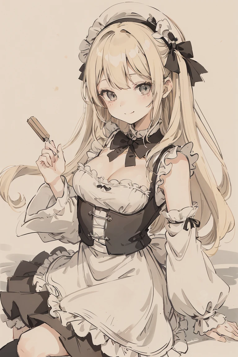 sparrow, a blonde haired girl, wearing a maid clothes, long hair, hair, black skirt, black maid uniform, slim body, teen, curious face, praying pose, seductive smile, mini skirt, white beret, medium breasts, white stocking