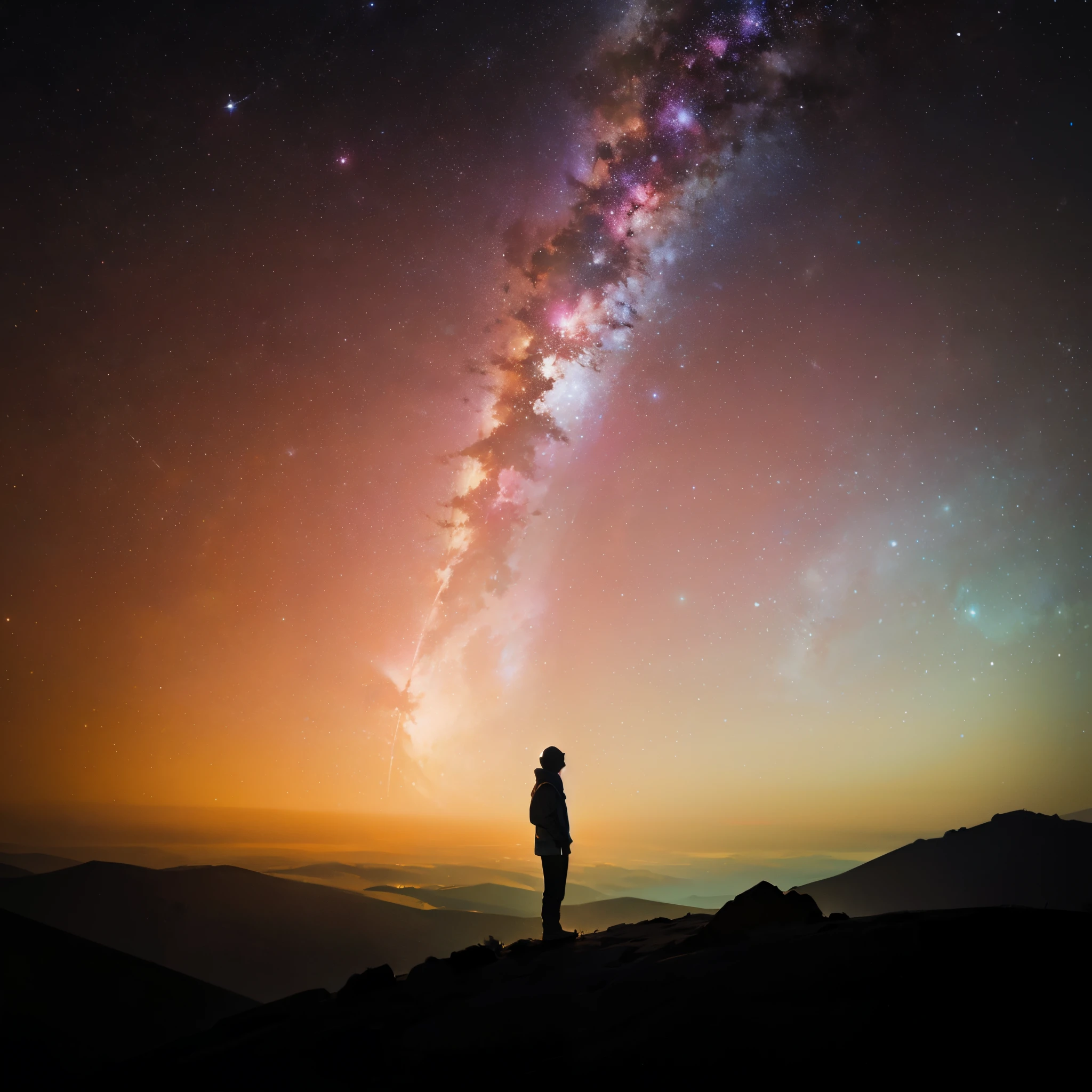 Standing alone on the mountain watching the stars, looking out into the cosmos, Lost in endless space, Mikko Lagerstedt, sitting on the cosmic cloudscape, look at the sky, Colorful night sky, in the cosmos, night sky photography, look at the stars, The background is the endless universe