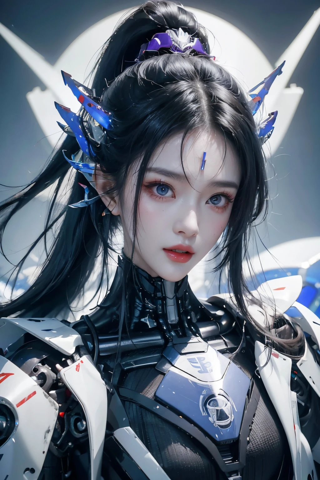 tmasterpiece,Best quality at best,A high resolution,8K,(portrait),(Close up of avatar),(RAW photogr),real photograph,digital photography,(cyberpunk queen),20岁女孩,long ponytail hairstyle,By bangs,(Black and blue gradient hair),(Glowing red eyes),Devil Eyes,Serious and charming,Mechanical body,Green glowing electronic components,Red wires and tubes connect the body,Complex purple electronic texture,Weird technology symbols,Black round forehead symbol,Luxurious mechanical crown,Keep your mouth shut,(Mechanical Woman),Photo pose,cyber punk perssonage,Future Style,gray world background,oc render reflection texture