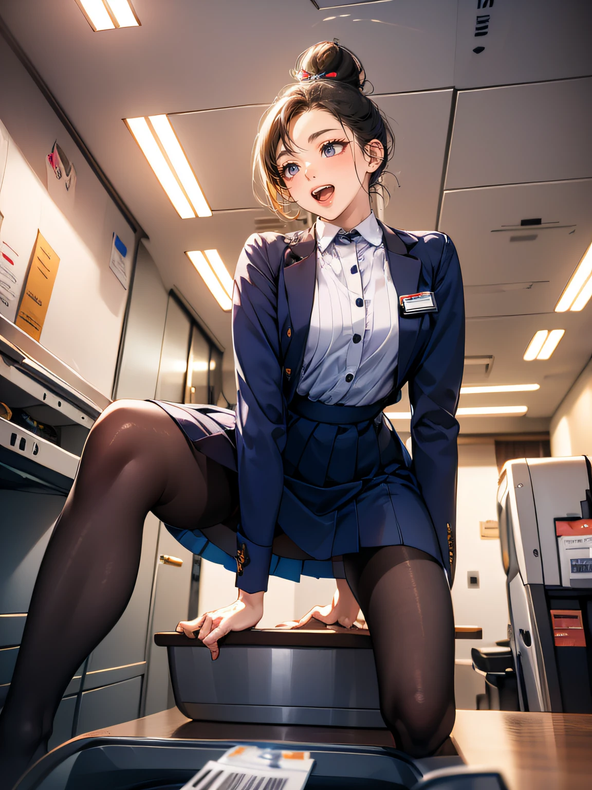 clerk uniform, cute round face, name plate, ID card, having tablet, ear monitor, headset mic, (whole body), pantyhose, pubic hair, close up crotch, lean to hit her crotch on counter edge, open legs, raise leg, open mouth, masturbation, ecstasy face, in the mall, glasses,