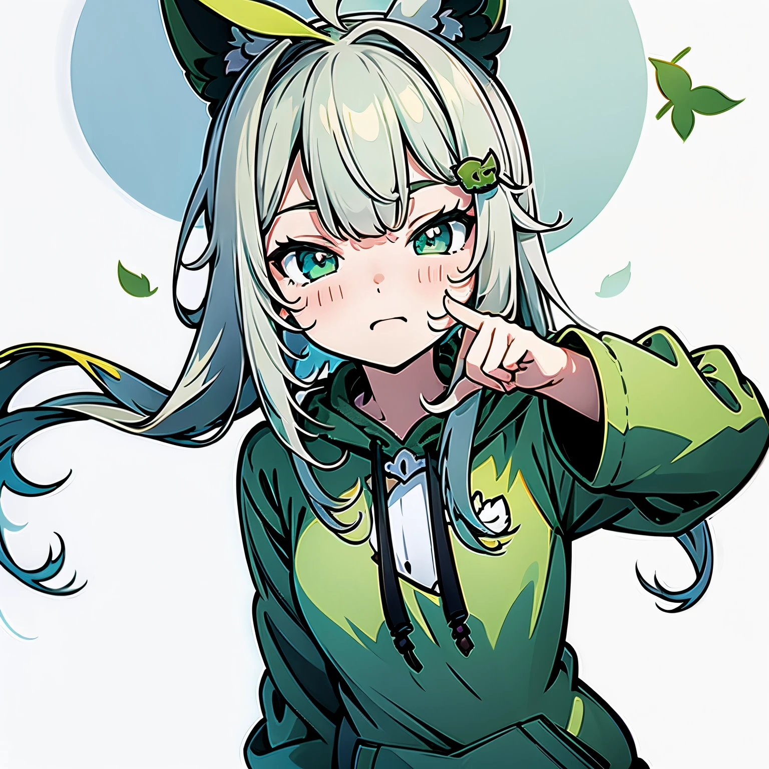 Blonde twin-tailed girl, leaf hair accessories, Green hoodie, Green eyes, Ahoge、Two-dimensional girl、Vtuber、White haori