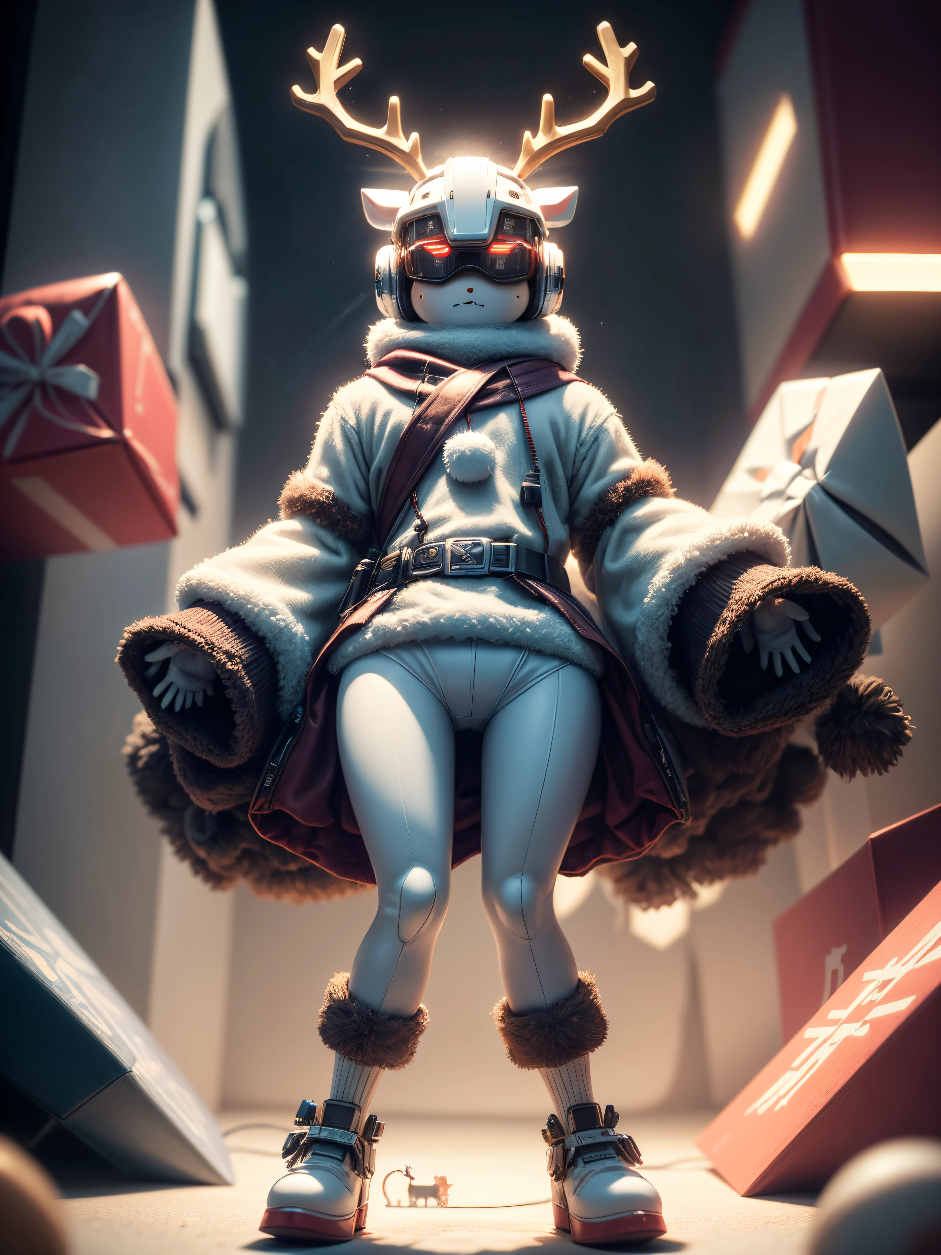 Reindeer, (blind box toy style:1.2), nuttcraker toy, (Full Body Shot) , 1 Transparent Santa claus, Behind him is a snowman and reindeer, snowflakes, Transparent mecha, Exquisite Helmet:1.2, glowing goggles:1.2, Cyberpunk, Dreamy Glow, Luminous neon lamp, clean, white background, ( Global illumination, raytracing, HDR, unreal render,reasonable design, high detailed, masterpiece, best quality, UHD, Cinematic Lighting)