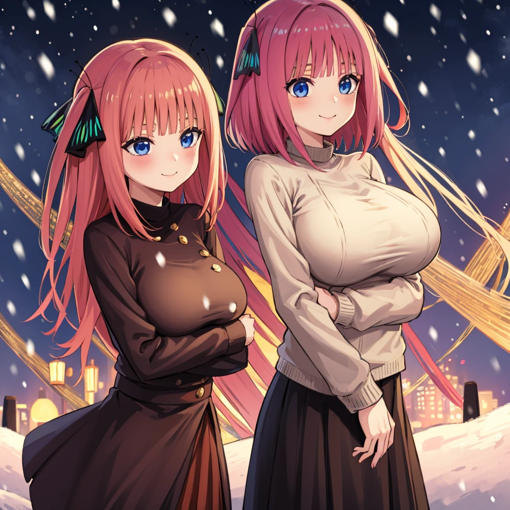 Futano Nakano、butterfly hair ornament、Beige sweater、long black skirts、Very big big breasts、Standing、1 persons、Blue eyes、Pink hair、Very smiling、Cute smile、short-hair、Hair is short、tome&#39;It&#39;s snowing in the background