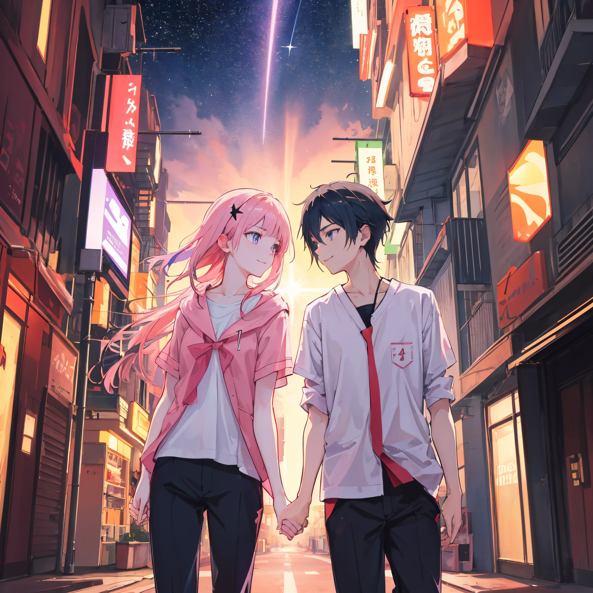 A wide shot of a magnificent futuristic neon-lit wide urban street with (a teenage girl and a boy holding hands side-by-side) while walking down along, low angle, (two-point perspective), three-quarter side profile view, the girl and boy are walking away from the camera, the girl is pointing at the stars while smiling at the boy, warm orange-pink-purple starry sunset sky, kimi no na wa, anime movie poster, ((best quality)), ((masterpiece)), (detailed), perfect face, beautiful eyes, perfect ???????