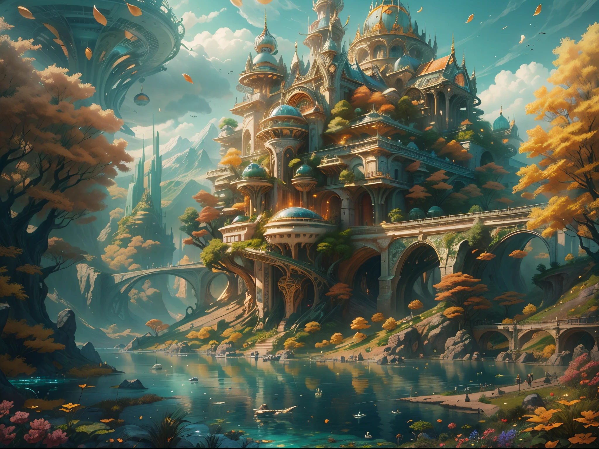 (Best quality,4K,8K,A high resolution,tmasterpiece:1.2),ultra - detailed,(actual,realistically,realisticlying:1.37),fantasy utopian world,like a dream,Excellent,Excellent,unbelievable,unbelievable,Beautiful world,Ethereal,incredible scenery,Detailed landscapes,big breasts enchanting,Utopian society,Peace and harmony,Unlimited imagination,magical beings,magical buildings,vibrant with colors,