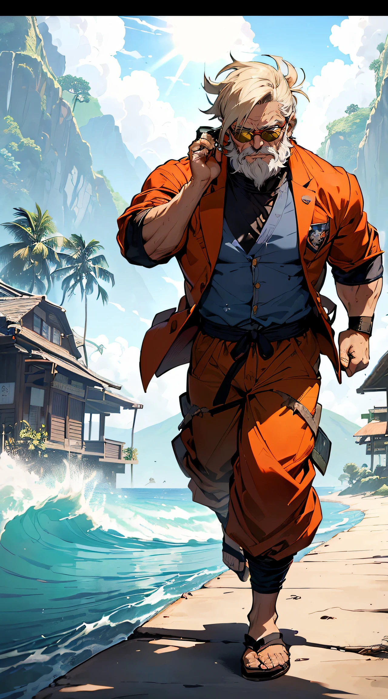 Master Rossi:1.5, (Master Rossi:1.4), (A bald old man with a white beard:1.3), (wears dark glasses, red Hawaiian shirt, and green pants:1.3), (Carrying a turtle shell:1.4), (Master of martial arts、Founder of Kamehameha Wave:1.3), (Live on a small island called Kame House:1.4), (Training Goku, corrin, and other students:1.4), (Frequently exhibits lecherous and perverted behavior:1.4), (Sometimes transforming into a muscular and powerful form:1.3), (have a sister，fortune teller baba:1.3)