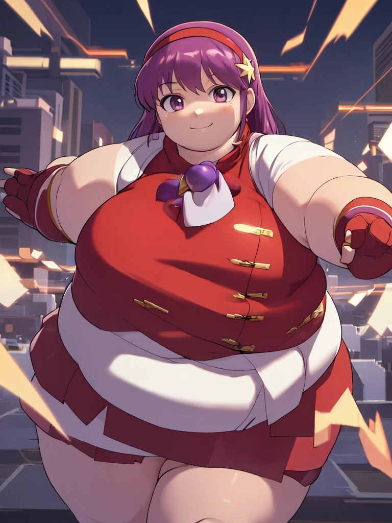 ((masterpiece,best quality)), absurdres,
Obese Athena_Asamiya, fat body
solo, smiling, looking at viewer, cowboy shot, 
cinematic composition, dynamic pose,