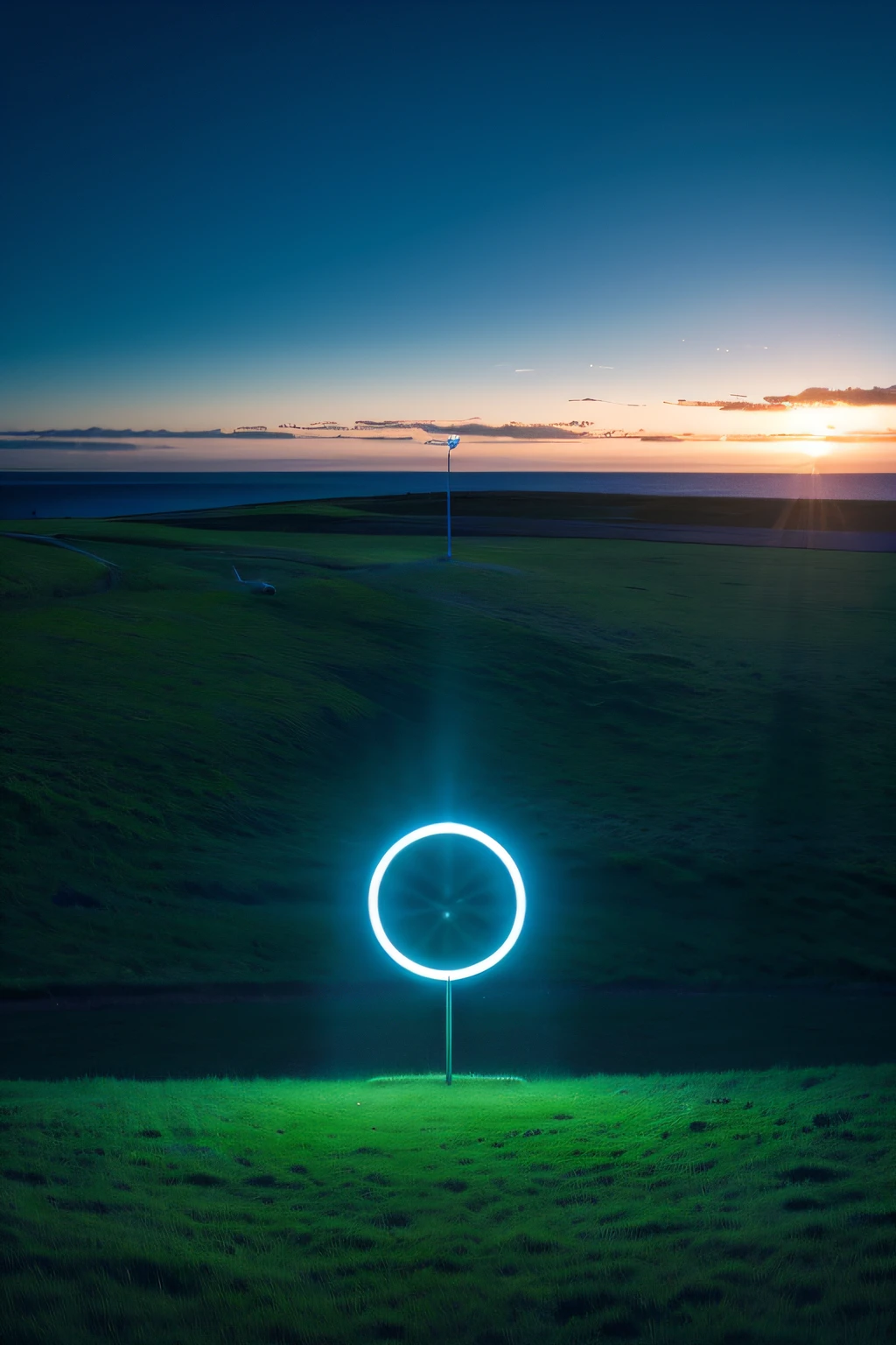 There is a circle of light on the wasteland near the ocean.Minimalist styling in emerald and blue, Scottish landscape,Absurdist installation bright sculpture,Neon glowing sky--ar 3:4--750