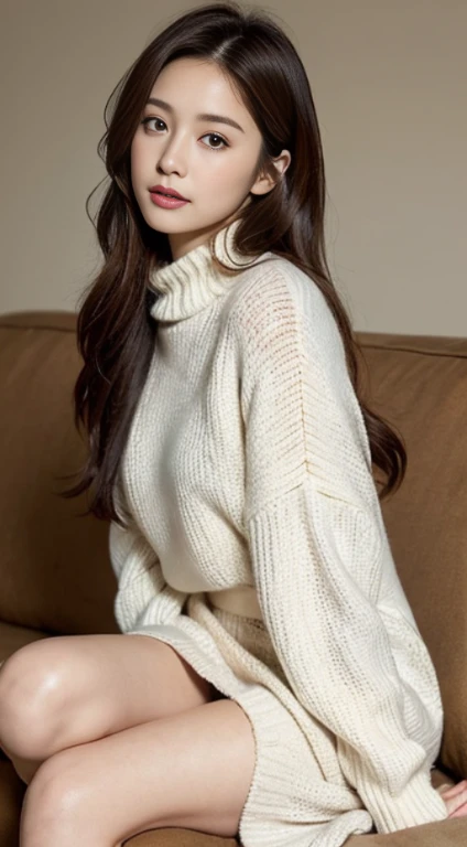 dark brown hair、Light brown eyes、The face of the Japan actress、adult lady、(Looks like he's about 40 years old)、(intricate-detail:1.2)、(top-quality:1.4)、 (超A high resolution:1.2)、超A high resolution、(A detailed eye)、(detailed facial features)、nffsw、8K resolution、moderately sized udder、She is wearing a warm loose white sweater and skirt.、Knees are smooth,length hair,Relaxing on a fluffy sofa、