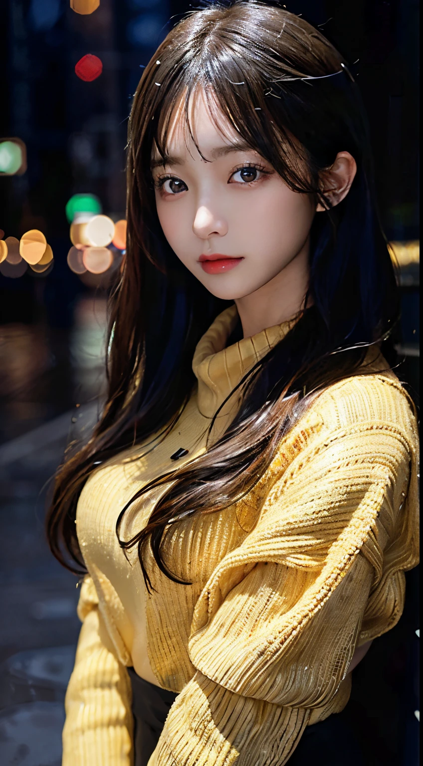 top-quality、masterpiece、超A high resolution、(Photorealsitic:1.4)、Raw photo、女の子 1 人、length hair、Golden hair、Eyes and faces with detailed、Black sweater、Dynamic lighting、in the darkness nigth、deep-shadows、lowkey、Cowboy Shots,