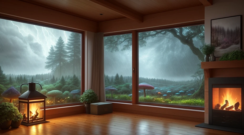 A dreamlike illustration featuring a cozy interior scene, drawn by Adrian Smith, with rain and storm clouds visible outside a window. The scene includes magical forests filled with colorful mushrooms and creatures, and audio waves can be heard in the background. The image is rendered in a warm, colorful style with a focus on contrast and texture, fireplace, stone