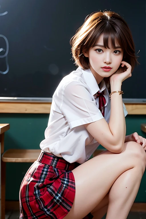 Best image quality, RAW photos, super high resolution, gentle smile, 16-year-old Korean, very big breasts, tie, ribbon, school uniform, collared shirt, school uniform shirt, plaid skirt, fair skin, shiny white skin, short bob, bright silver hair, bright gray hair, neatly aligned bangs, beautiful eyes, beautiful eyes of random colors, very thin lips, beautiful eyes with details, elongated eyes, pale pink blush, long eyelashes, beautiful double eyelids, eyeshadow, earrings, night school, dimly lit library at night, library desk, squatting on desk, squatting