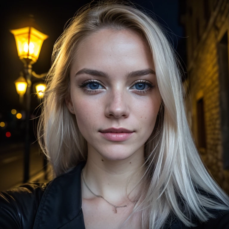 (Selfie, Plan: 1.4), (Right half of the body: 1.4), RAW UHD portrait photo of a 24-year-old blonde (Femme aux yeux bleus) Marcher dans une ruelle sombre, gros seins,, Ville la nuit, (rocher), (Encolure), specifics (Tissu! , Cheveux! , Briller, Couleur!! , disadvantages: 1.1), Bright eyes with a high level of detail (staring into the camera), SLR lighting, Appareil photo reflex mono-objectif, ultra quality, re sharpness, profondeur de champ, Filmkorn (Milieu), Fujifilm XT3, Limpide, Rahmenmitte, beau visage, mise au point nette, street lamp, Neonbeleuchtung, Bokeh (dimly lit), Nuit, (Ciel nocturne), Detailed skin pores, peau grasse, Coup de soleil, Complex eyesDetails, corps entier entier, gros seins