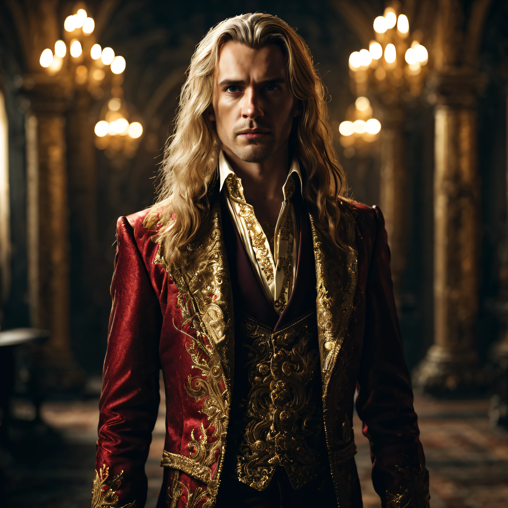 movie scenes, ((full-body: 1.5)), handsome, blonde and long hair, vampire in a blood and gold suit, (looking at the camera: 1.3), back to camera, mysterious, ancient, intricate detail, highly detailed, volumetric lighting, 4k rendering, stock photo, ultra-realistic, realistic textures, dramatic lighting, depth of field, film, (very wide angle: 1.3), dark light, wide angle