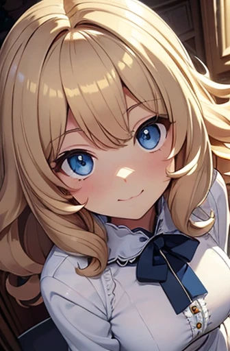 full bodyesbian, fluffy hair, a blond, Loose and fluffy perm, bobhair, Blue eyes, Blonde blue-eyed, White Dress, A smile, A slender, Brown boots, in a house, black tea, close up of face,Perspective from above, Hollow eyes, Crisp eyes