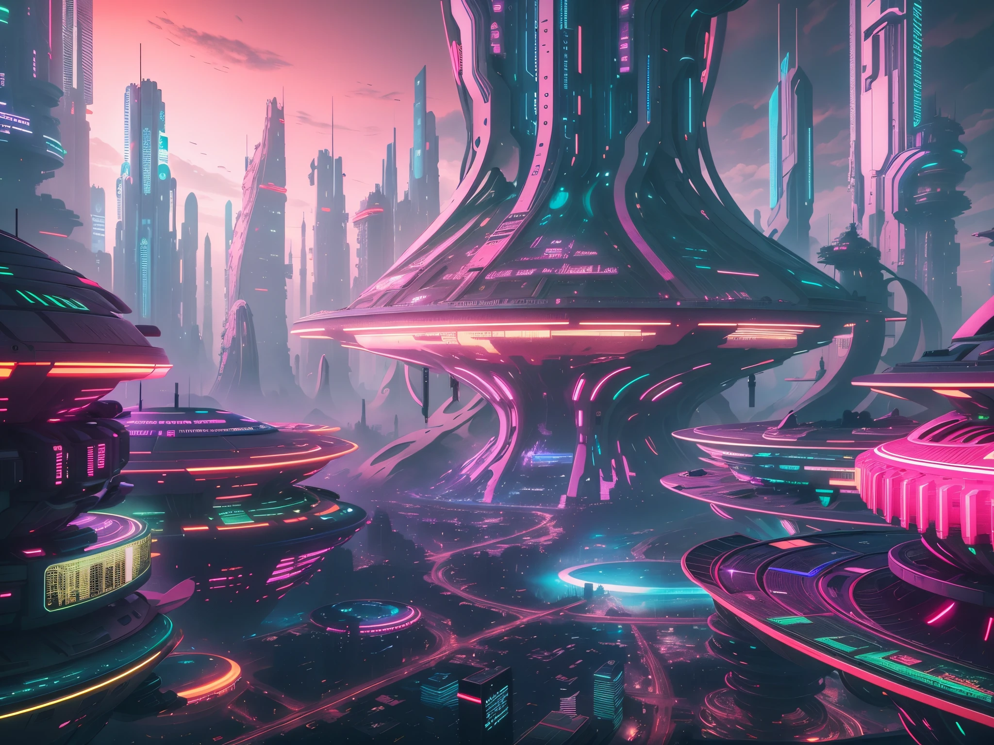 Cidade futuristica,Featuring futuristic architecture and futuristic lighting, Colorful dystopian futurism, cyber mushroom city, a strange city, futuristic alien city, alien city, in fantasy sci - fi city, Alien future city, unfamiliar cityscape, cyberpunk dreamscape, arstation and beeple height, Huge future temple city, 4k solarpunk wallpaper, greg beeple,The cities of the future,Utopian world。