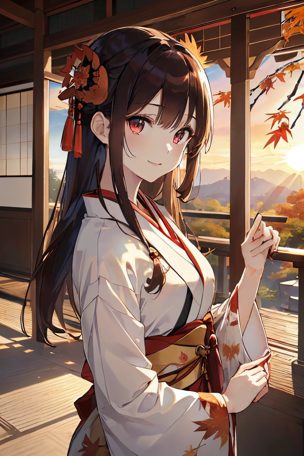 ((masterpiece,hight resolution,8K picture quality,top-quality)),1girl in,((extra detailed face)),femele,Delicate eyes,((Crimson eyes)),((hairstyle on:Straight Long,A dark-haired,Hair that hits the light is dark red)),red classical pattern ribbon,Dark orange classic pattern kimono,Modern taste,Taisho,Dramatic makeup,Smile gently,Natural complexion,Brown leather southern pattern collar,sun light,sunset,((autumnal,Colored leaves,You can see the sunset from the veranda,Japanese garden,traditional Japanese room,evening glow,Watching the sunset from the porch)),
