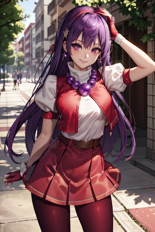 (masterpiece), (best quality), (ultra-detailed), intricate detail, athena97, 1girl, solo, purple eyes, purple hair, long hair, white earrings, red hairband, star hair ornament, medium breats, red vest, white turtleneck, white puffy sleeves, short sleeves, red pleated skirt, (deep red pantyhose:1.2), black pantyhose, yellow belt, purple sphere shape necklace, red fingerless gloves, white short socks, red shoes, (outdoors), photography, smile, blush, sunny, nsfw, cowboy shot,