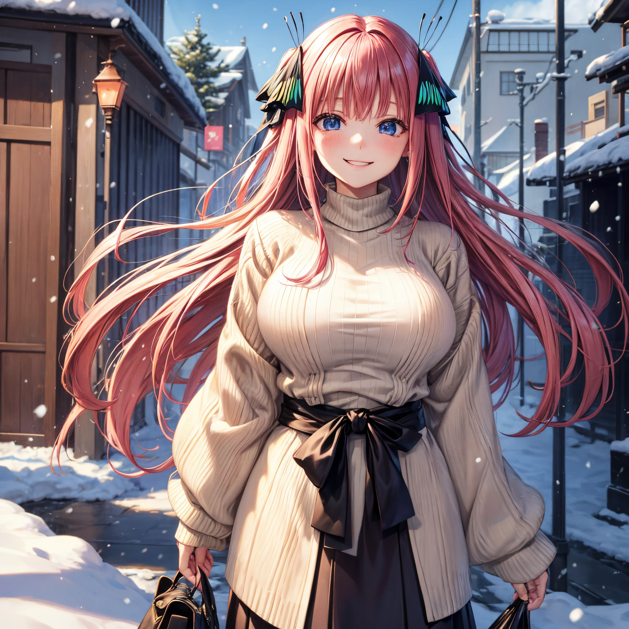 Futano Nakano、butterfly hair ornament、Beige sweater、long black skirts、Very big big breasts、Standing、独奏、Blue eyes、Pink hair、Very smiling、Cute smile、short-hair、It's snowing in the background