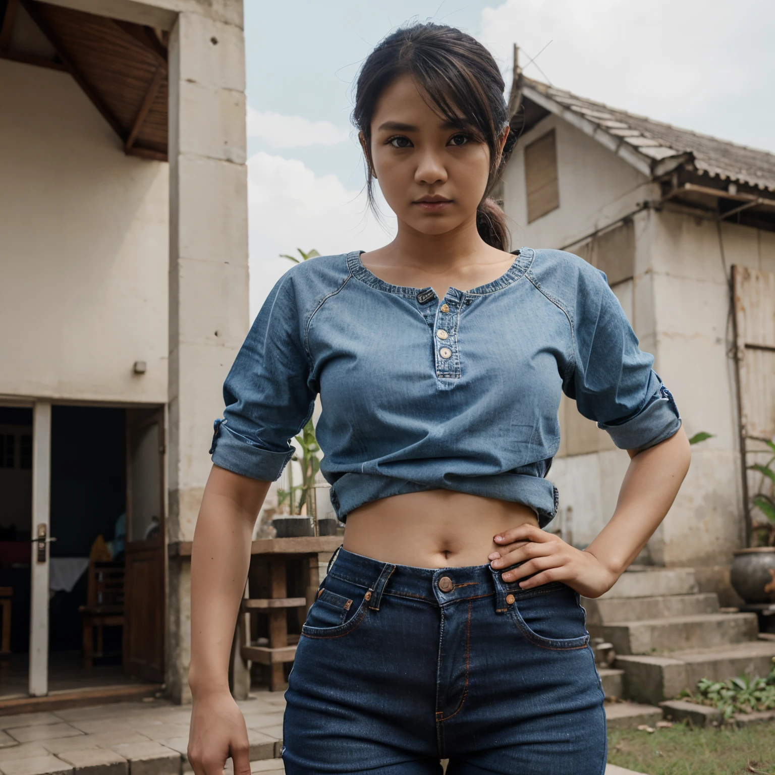 Badan kurus, rambut panjang, celana jeans, kaos oblong, jenggot, wajah persegi,