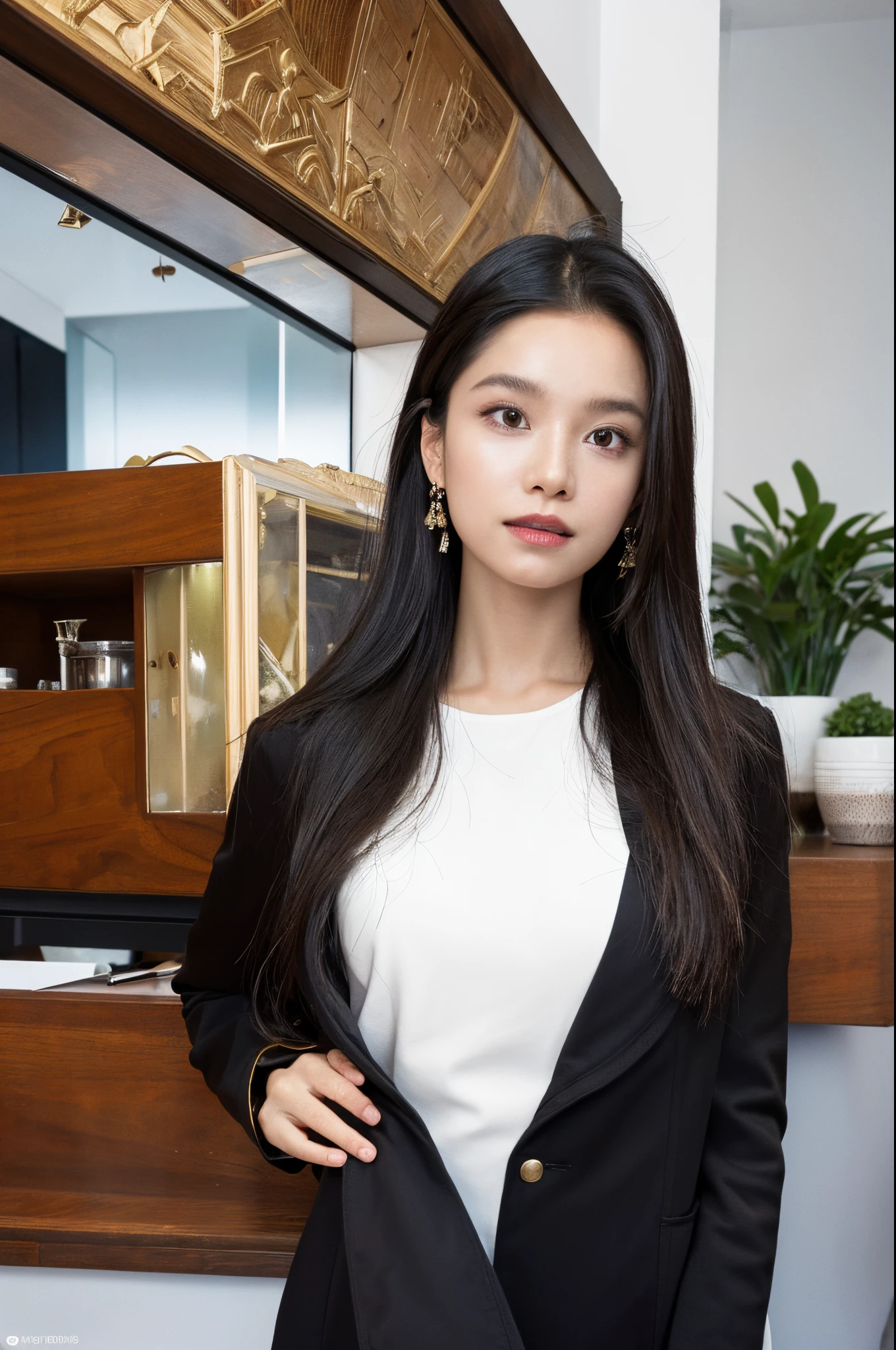 In a setting that whispers tales of timeless elegance, stands a girl, a true embodiment of an artistic masterpiece. She is captured in an 8K resolution illustration, where each detail is rendered with masterful precision and unrivaled quality. Her presence is both commanding and ethereal, defined by a unique, CV16-inspired aesthetic.
Her hair, a cascade of soft strands, delicately frames her face, with a few locks gently resting between her eyes, highlighting her captivating gaze. The perfect lighting accentuates the subtle contours of her features, creating a play of light and shadow that adds depth and mystery to her expression.
She is clad in a sleek black jacket, an epitome of style and sophistication, which drapes elegantly over her frame. The jacket is a marvel of design, embodying the essence of the CV16 style, a blend of contemporary chic and timeless grace.
The scene around her is a breathtaking panorama of urban splendor. Skyscrapers reach towards the sky, their glass facades reflecting the kaleidoscope of city lights. The streets below are a vibrant tapestry of life, bustling with energy yet exuding a sense of serene detachment from the chaos. Amidst this backdrop, she stands like a beacon of tranquility and poise, a solitary figure who commands the space around her with an effortless grace. Her cowboy shot composition, framing her from mid-thigh upwards, lends a powerful and dynamic quality to the image, making it a true visual feast, a symphony of detail, sophistication, and artistry.