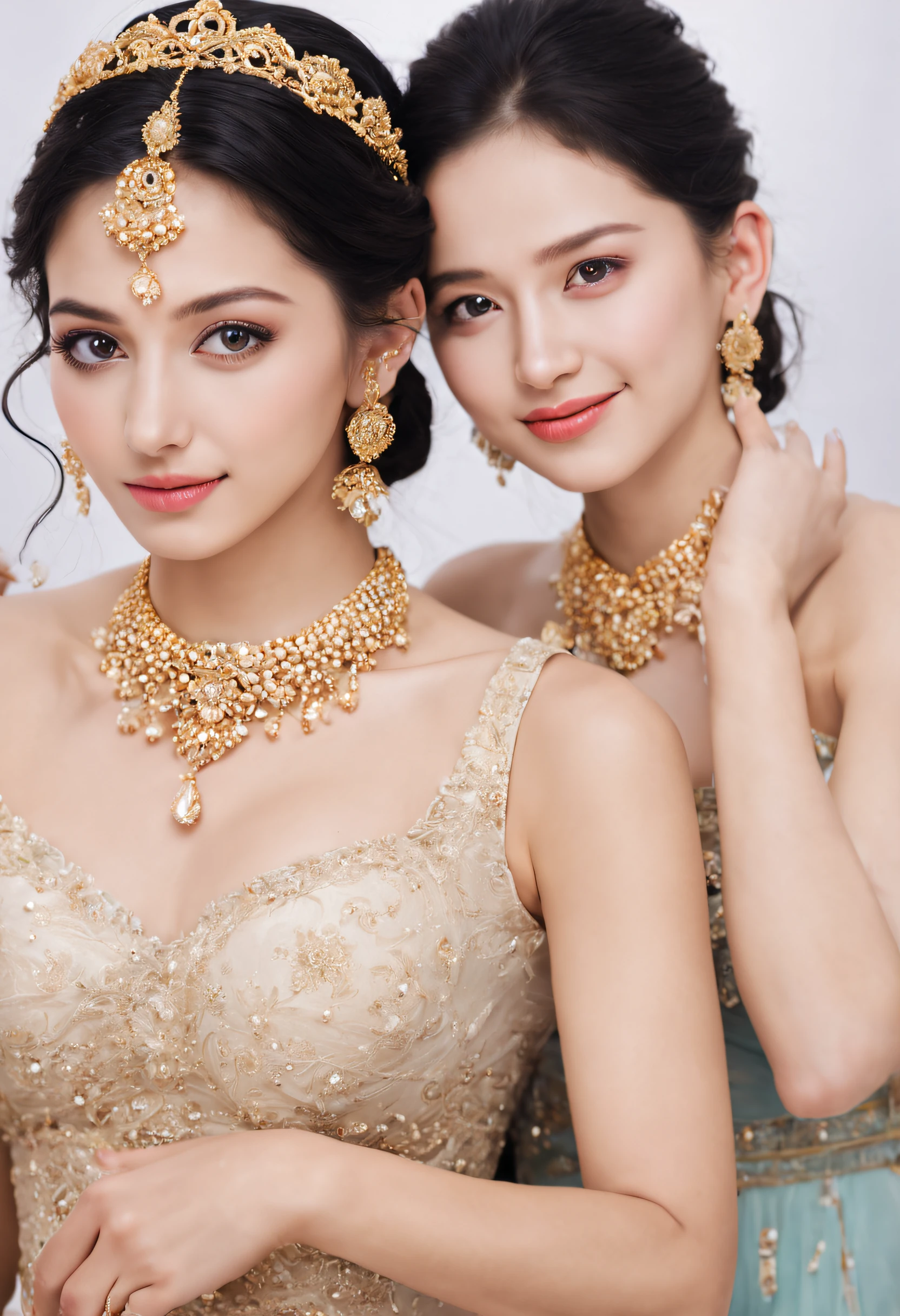 beautiful indian medium wavy layer hair and her little sister, wear (detail luxury traditional costume), (strapless bra), (show cleaveage),flower vase,traditional ornament background, background, detail luxury floor, detail flower vase, detail luxury table, detail luxury gift ,beautifull face, pretty face, beautifull eyes, beautifull nose, sexy lips, polished nails, real human skin, vibrant details, full shot body photo of the most beautiful artwork in the world, looking at viewer, 18 yo, shiny skin, colorful, highest detailed, vibrant colors, ultra high res, (high contrast), intricate, lens flare,