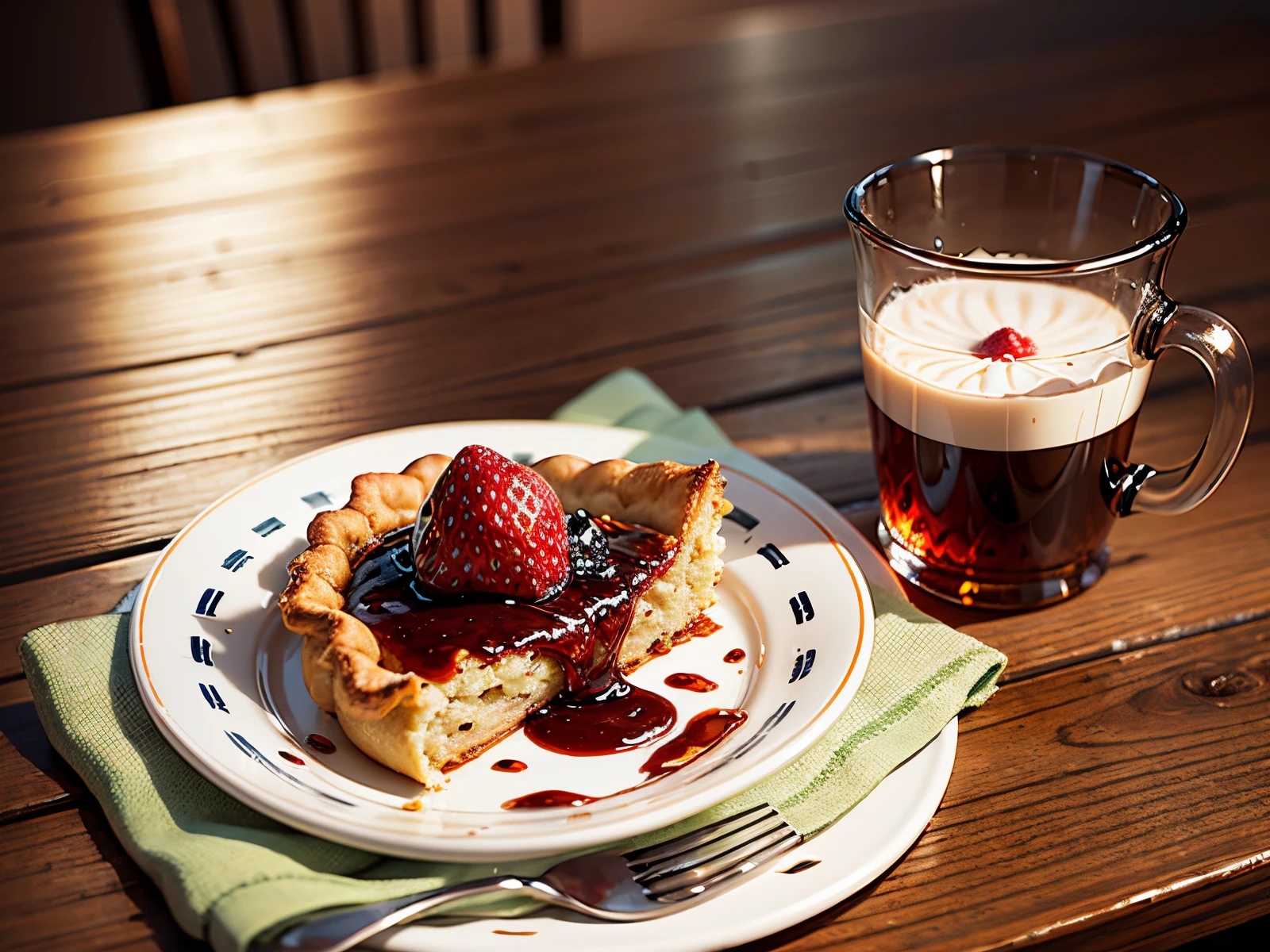 fried pie with strawberry jam, lying in a plate, there is a glass of milk next to it, a lot of details, dimmed light --auto --s2