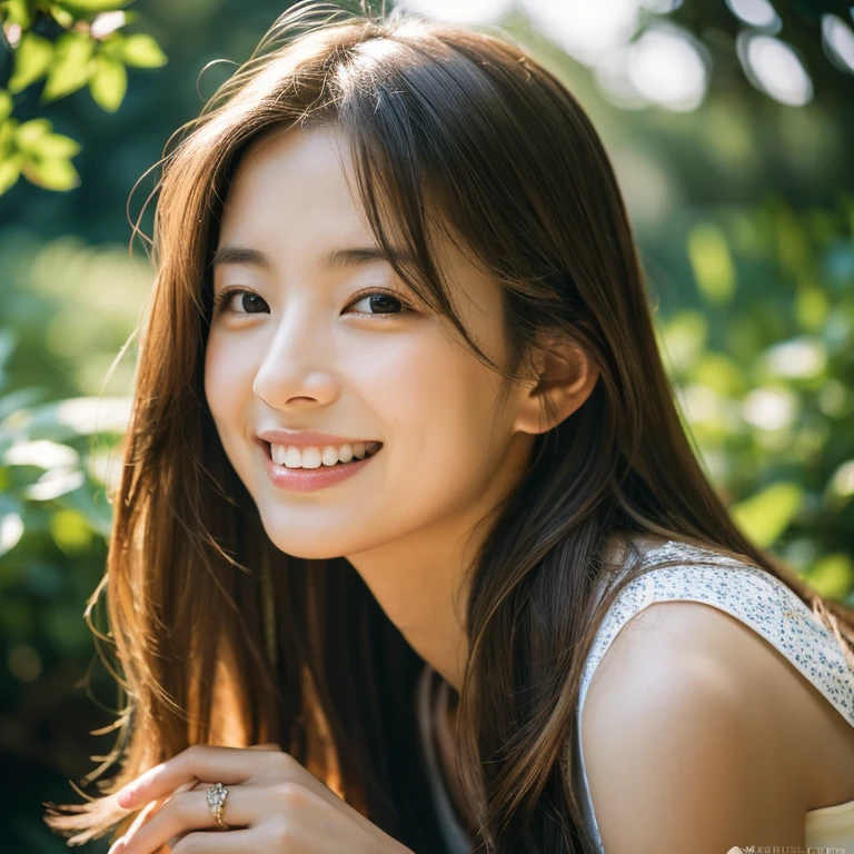 woman posing for a photo, Laugh, Happy, Long hair, Straight hair, finely detailed skin, during the day, Hot summer days, Nature lighting, Detailed face:1.2, Sharp Focus, Hasselblad photo, masutepiece, Light makeup, Cinematic lighting, 4K, Best Quality