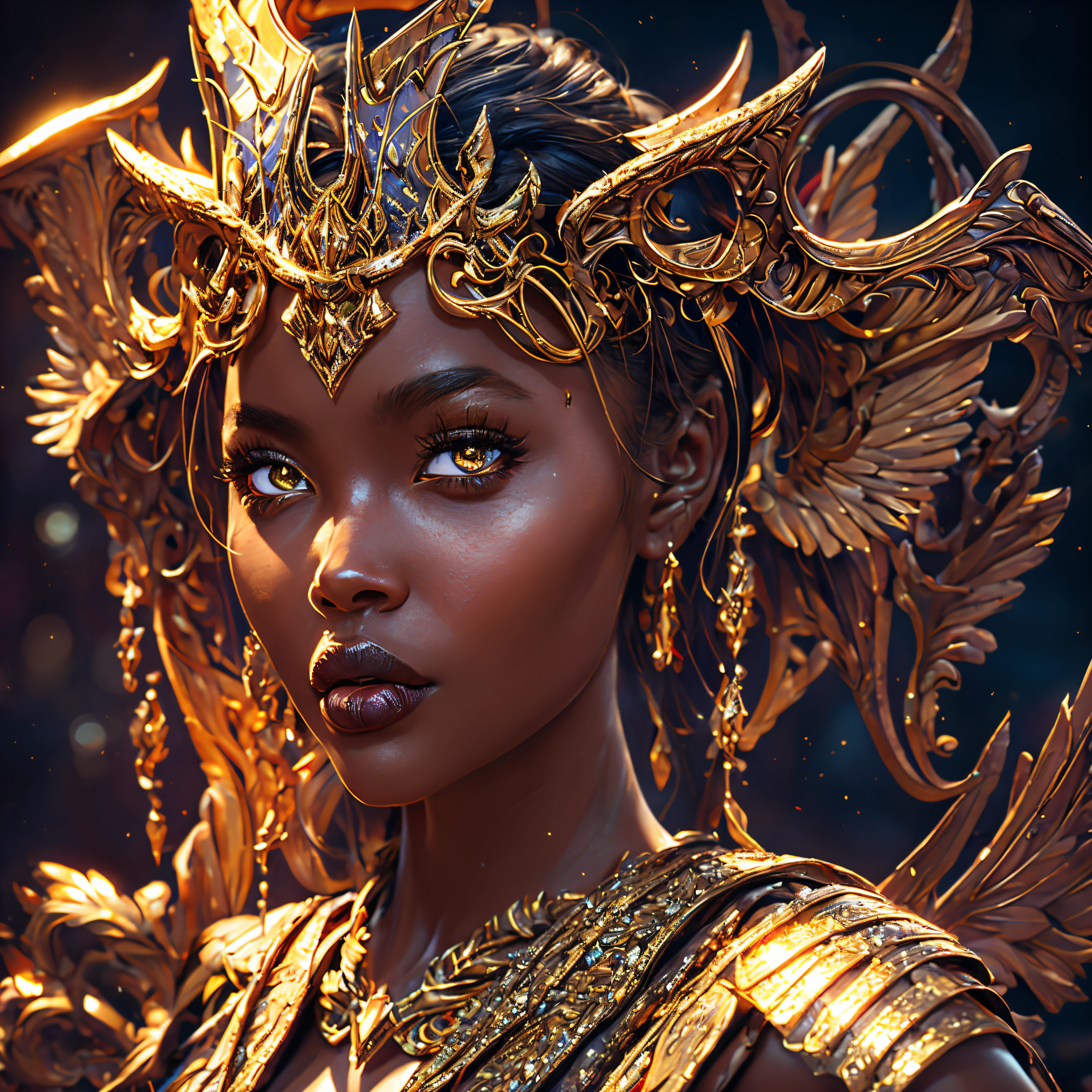 8k, ultra detailed,  ultra high quality, unreal engine, high resolution, beautiful yet terrifying female demonic angel, looking at the camera, detailed face, detailed body, detailed eyes, ruby colored eyes, ebony skin, halo, gold horns, cosmic armour, solo focus, cinematic, colourful atmosphere, illuminating moonlight