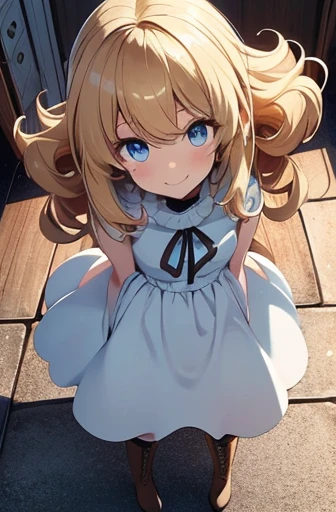 Put your arms behind your back, full bodyesbian, fluffy hair, a blond, Loose and fluffy perm, bobhair, Blue eyes, Blonde blue-eyed, White Dress, A smile, A slender, Brown boots, in a house, black tea, Perspective from above, Hollow eyes, Crisp eyes