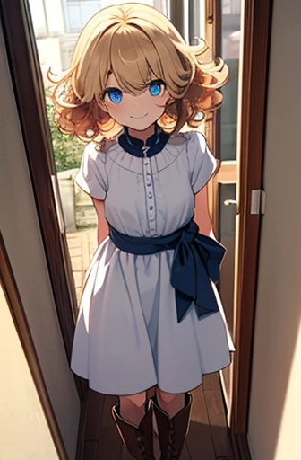 Put your arms behind your back, full bodyesbian, fluffy hair, a blond, Loose and fluffy perm, bobhair, Blue eyes, Blonde blue-eyed, White Dress, A smile, A slender, Brown boots, in a house, black tea, Perspective from above, Hollow eyes, Crisp eyes