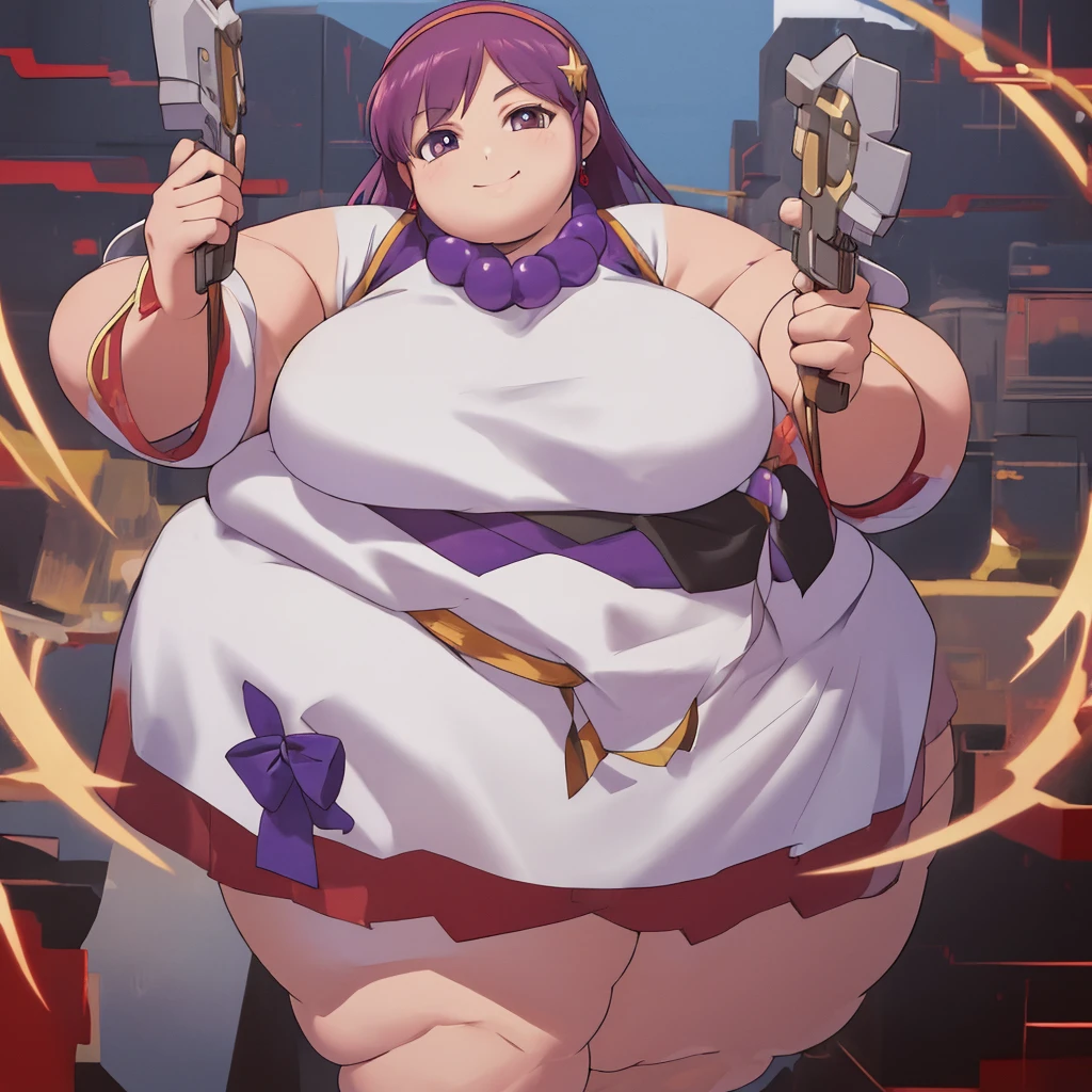 ((masterpiece,best quality)), absurdres,
Obese Athena_Asamiya, fat body
solo, smiling, looking at viewer, cowboy shot, 
cinematic composition, dynamic pose,