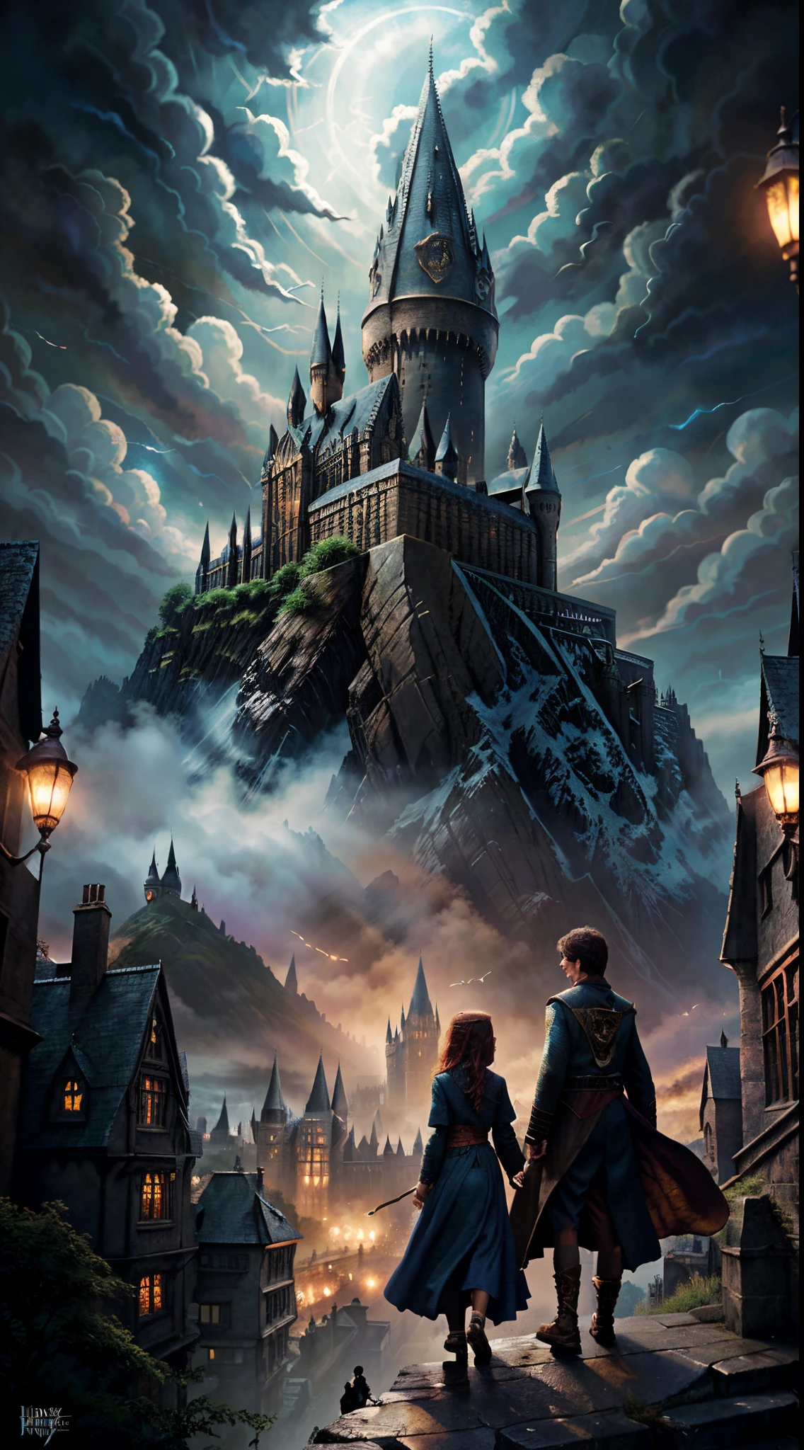 harry potter in front of hogwart castle, dan mumford tom bagshaw, hogwarts setting, background hogwarts, hogwarts 2 0 7 7, art from harry potter, hogwarts legacy, epic fantasy novel cover art, andreas rocha and john howe, bussiere rutkowski andreas rocha, young adult fantasy novel cover, litrpg novel cover, hogwarts